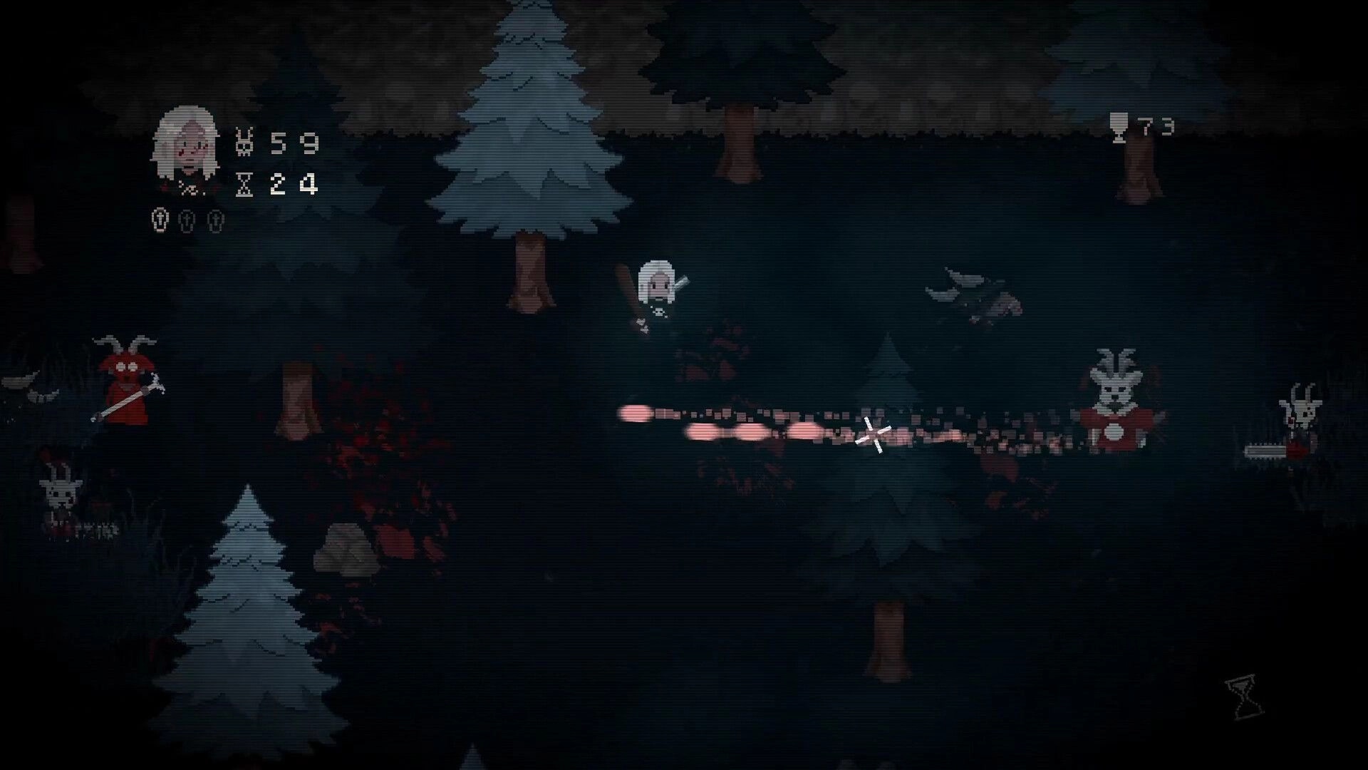 Lead & Blood: Player attacks cultists with bullets in a dark forest, UI shows health and score details.