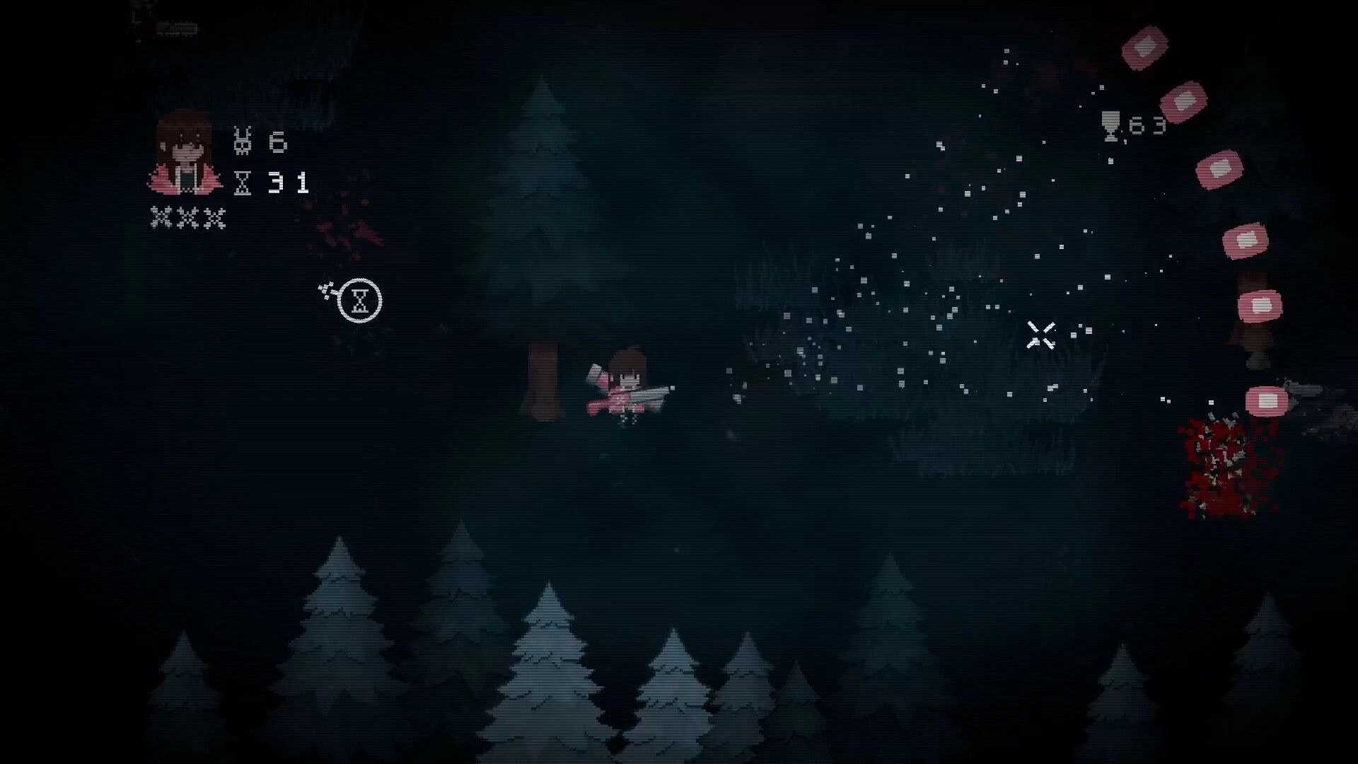Lead & Blood: Character shooting in dark forest with health and ammo UI, dodging incoming projectiles.