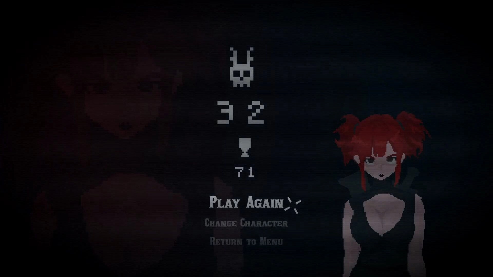 Lead & Blood: Game over screen with character portrait, score of 32, and options to play again