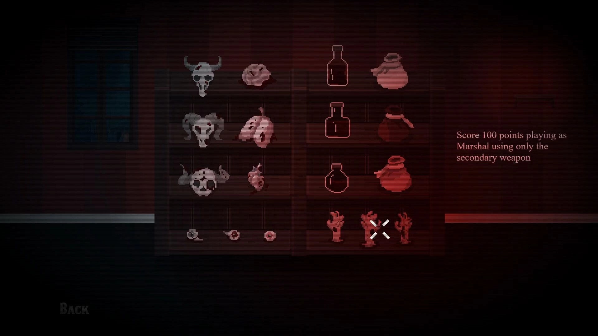 Lead & Blood: Dark room with skulls and potions on shelves, challenge to score 100 points as Marshal