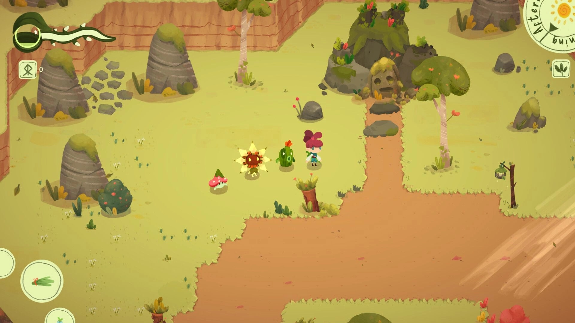 Leafblade: Player stands with three Mons near a stone cave entrance in a grassy canyon path area.