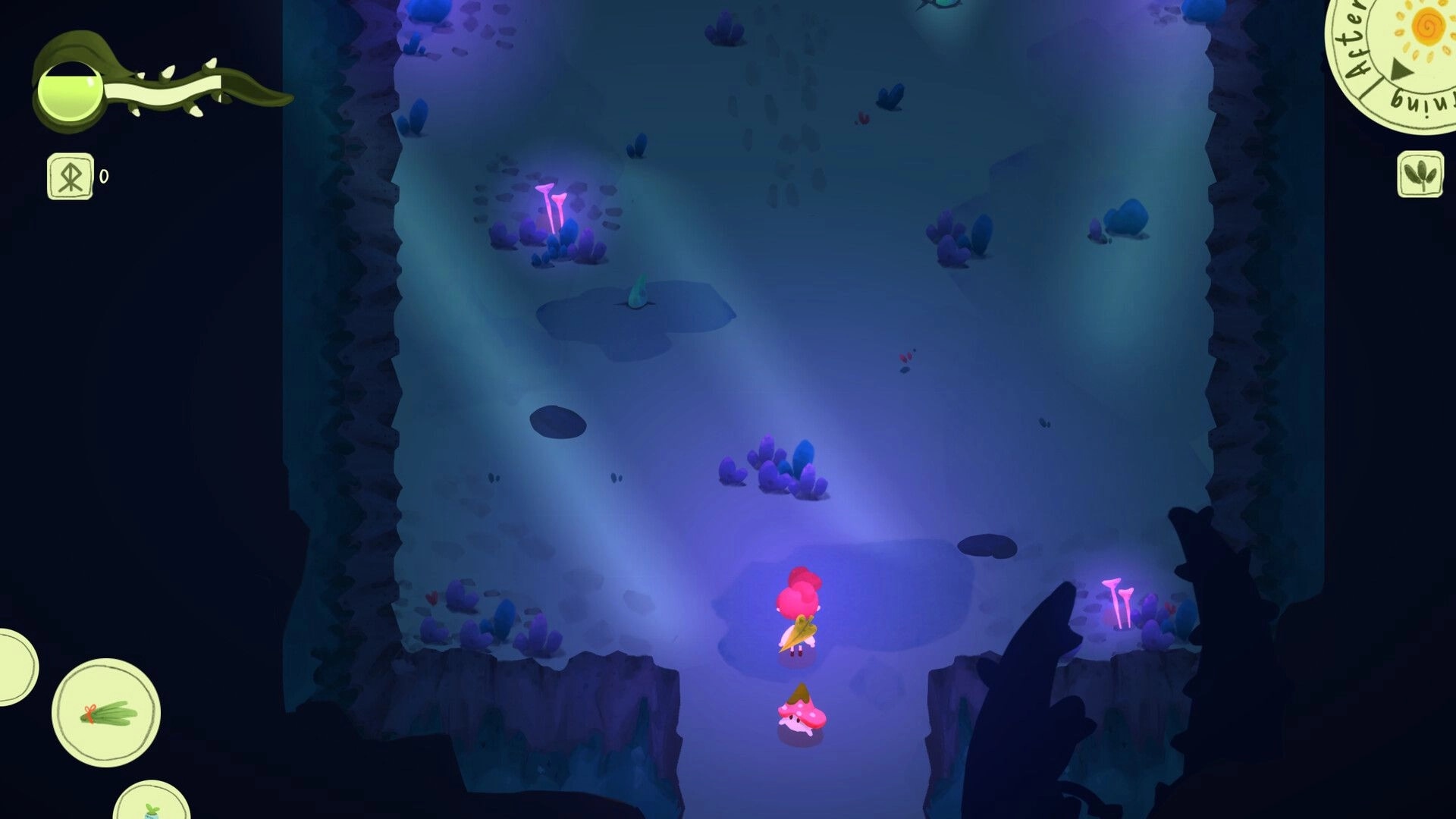 Leafblade: Player and small pink Mon explore a glowing cave with crystals, health bar and icons visible.