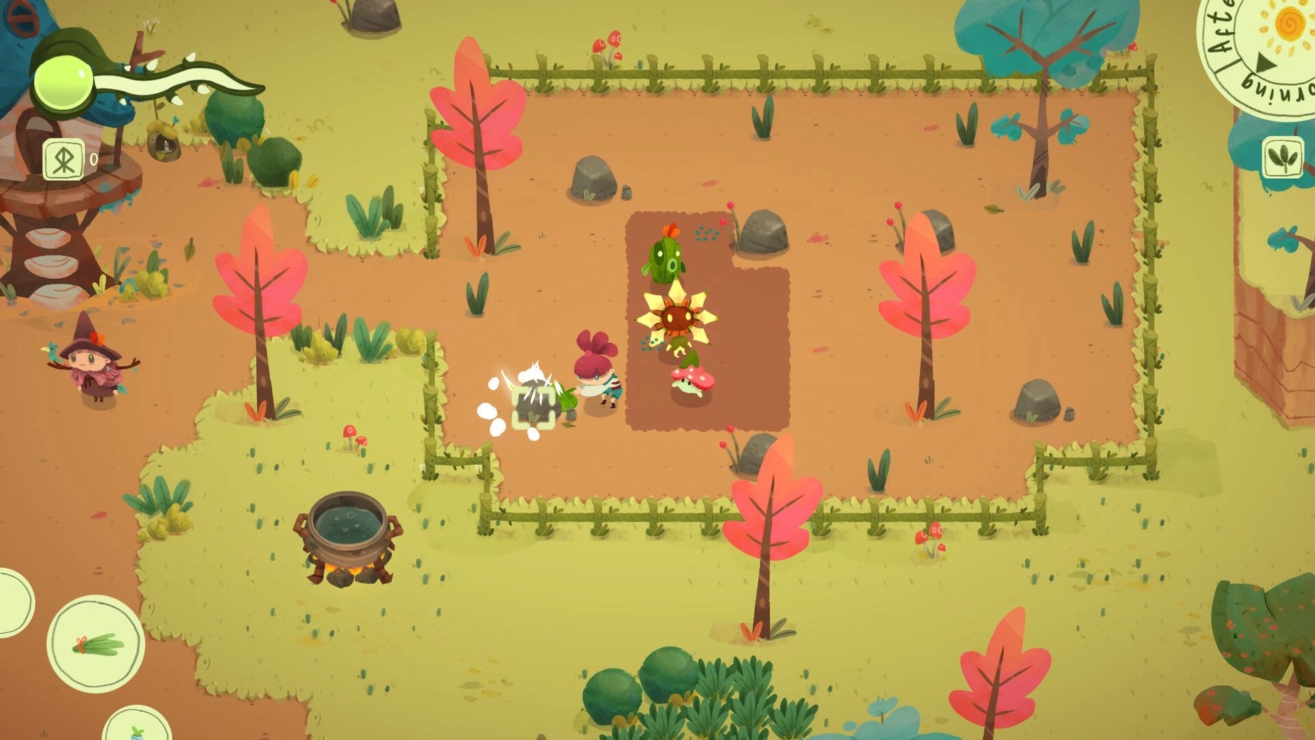 Leafblade: Player tends a fenced farm plot with Mons nearby, autumn trees, and tool UI icons.
