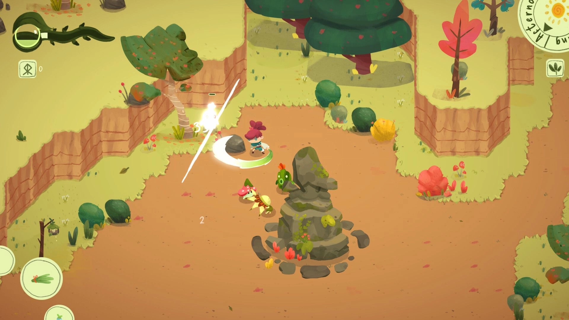 Leafblade: Player swings a blade at a creature in a canyon clearing with rocks, trees, and UI icons.