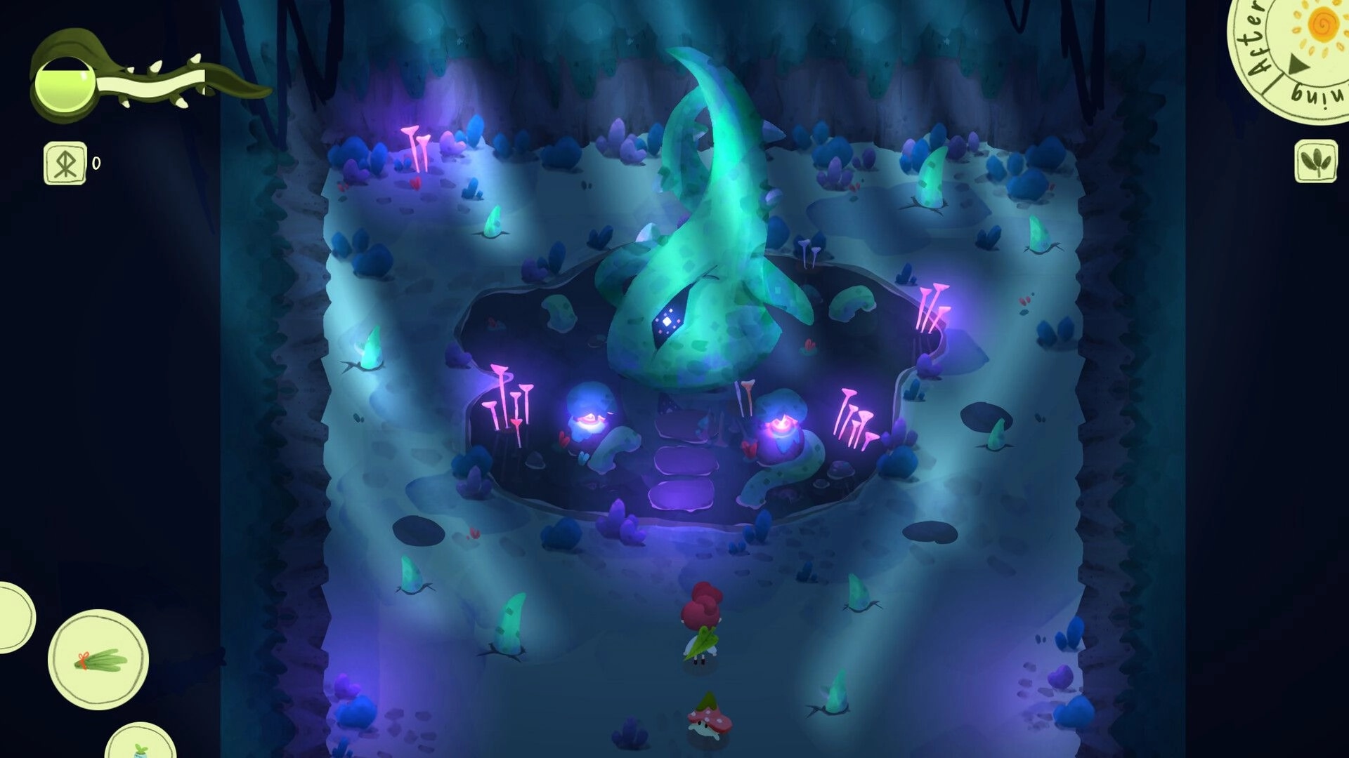 Leafblade: Top-down cave scene with glowing tree altar and mushrooms, health bar and action icons visible.