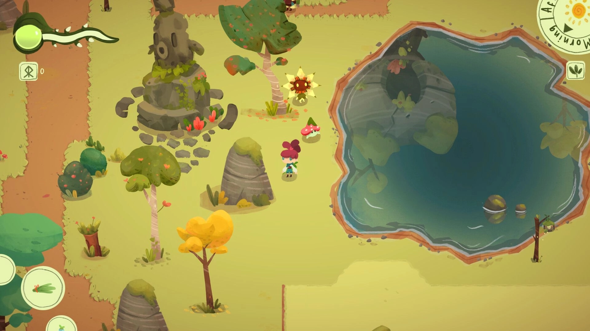 Leafblade: Player stands by a pond with a sun-faced mon and mushroom buddy in a grassy grove UI icons visible.