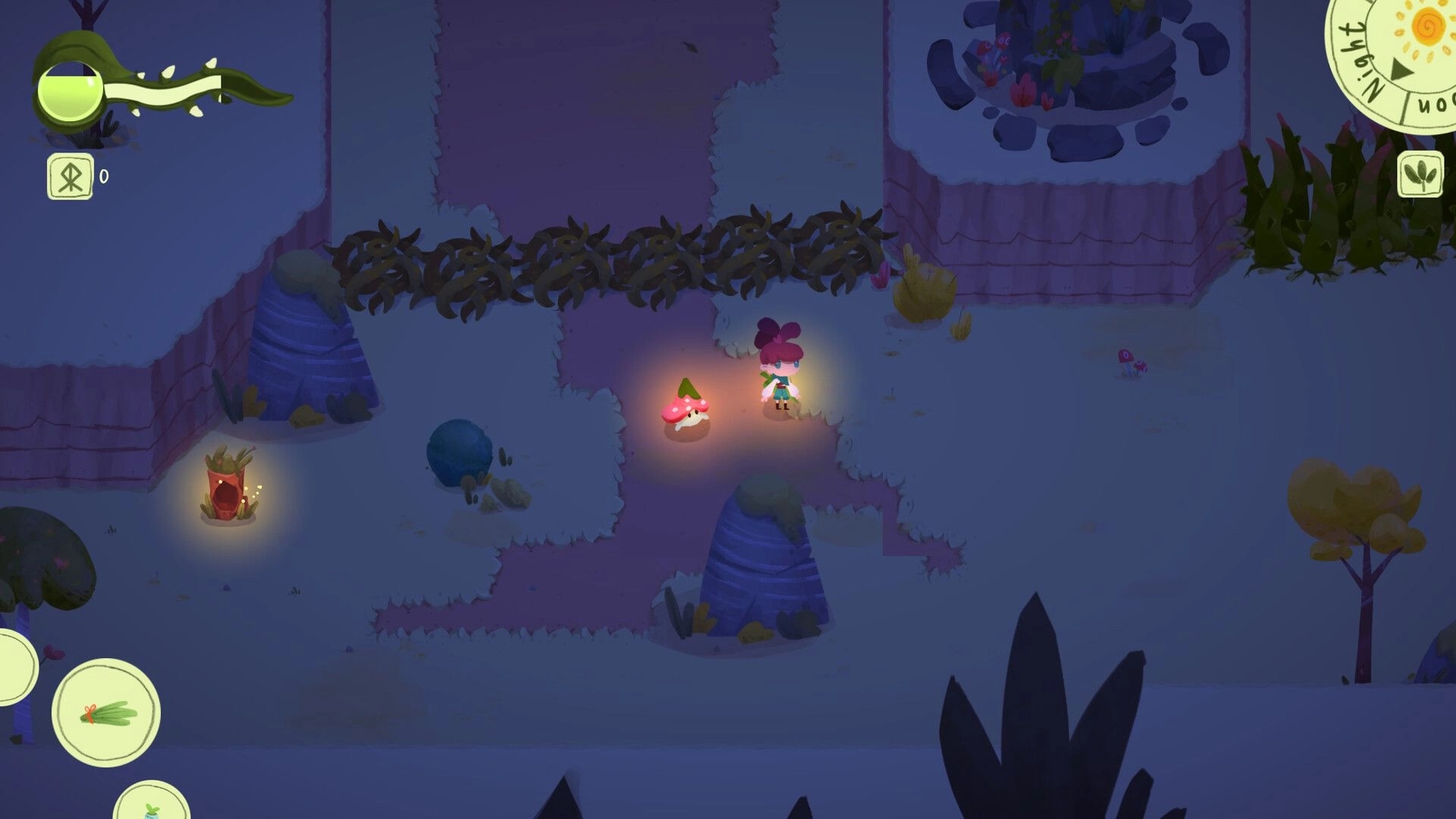Leafblade: Player and glowing mushroom companion explore a dark cliff path with HUD icons at night.