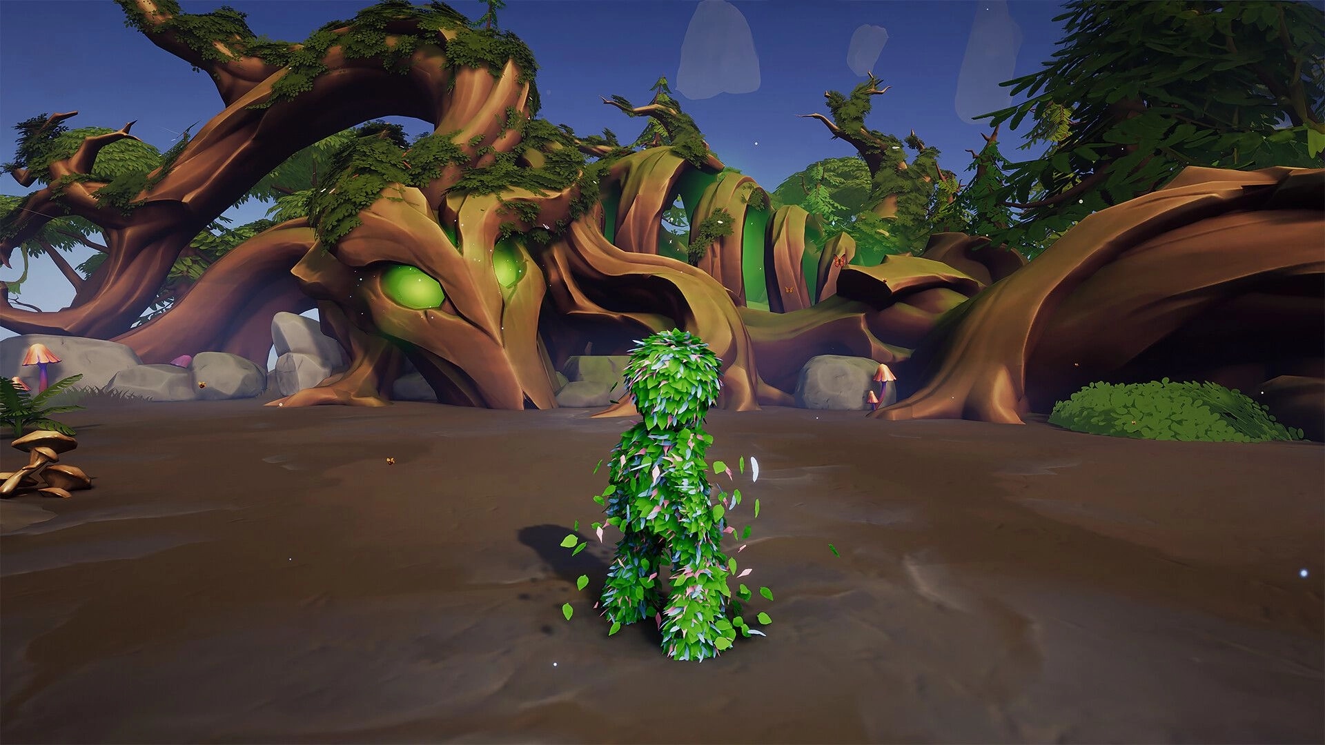 Leafborn: Leaf-covered humanoid stands before a massive glowing-eyed tree in a forest clearing.