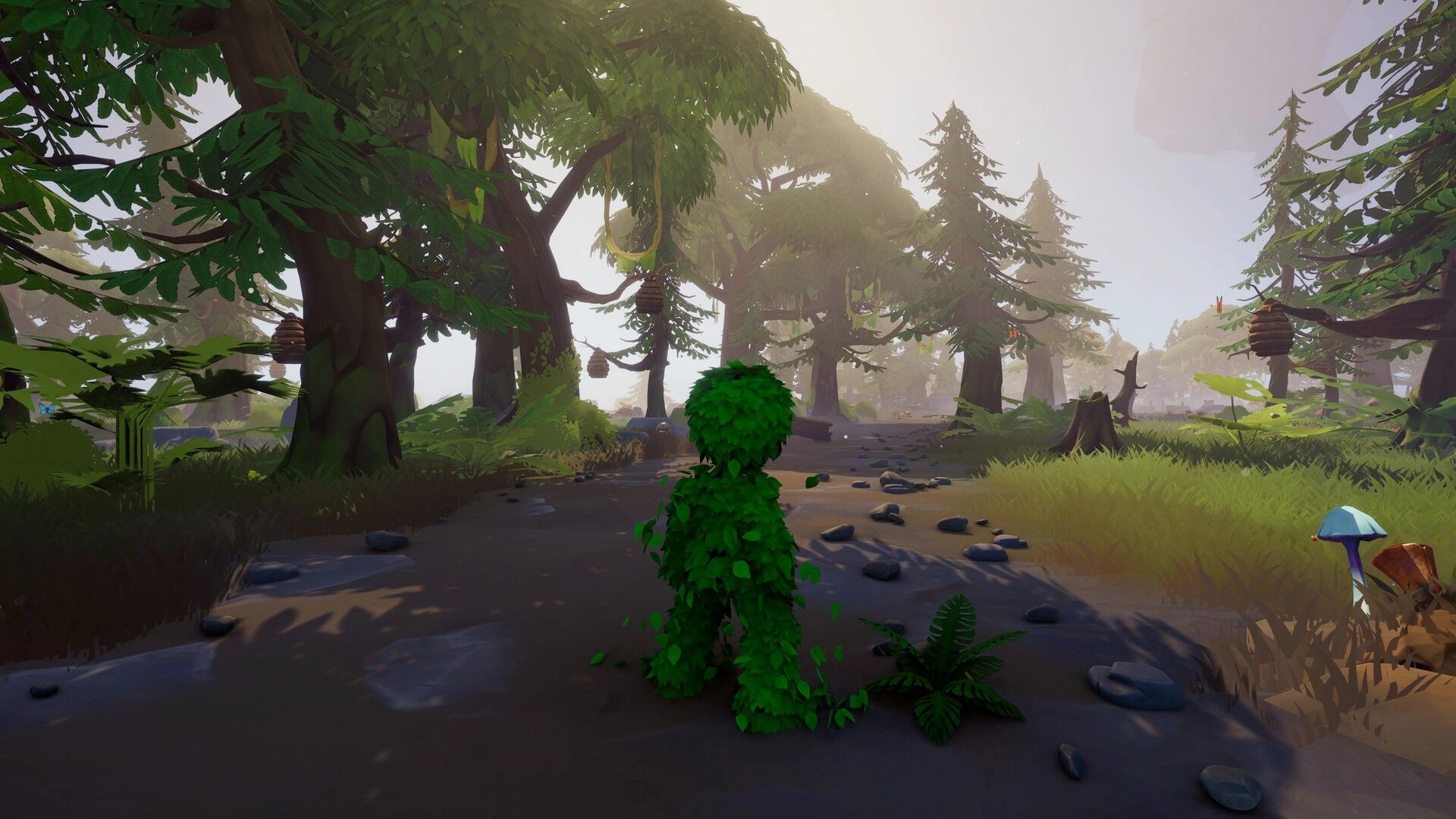 Leafborn: Leaf creature stands on a rocky forest path under tall trees with hanging beehives.