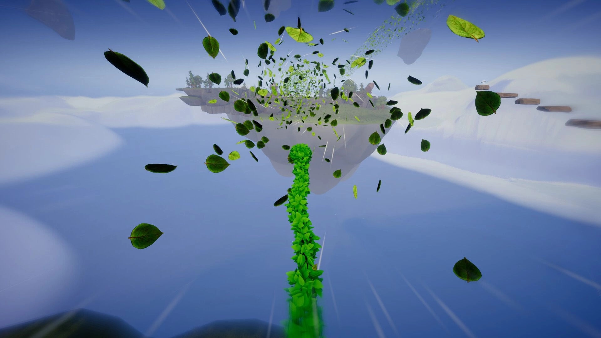 Leafborn: Leaf creature launches a stream of leaves toward a floating island above misty clouds.