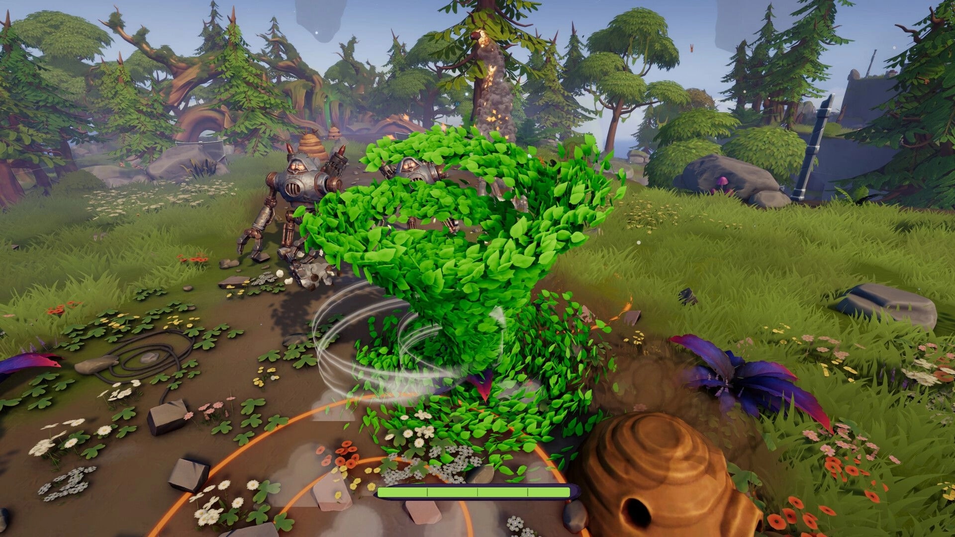 Leafborn: Leaf tornado attack hits two robots on a grassy forest path with health bar UI at bottom.