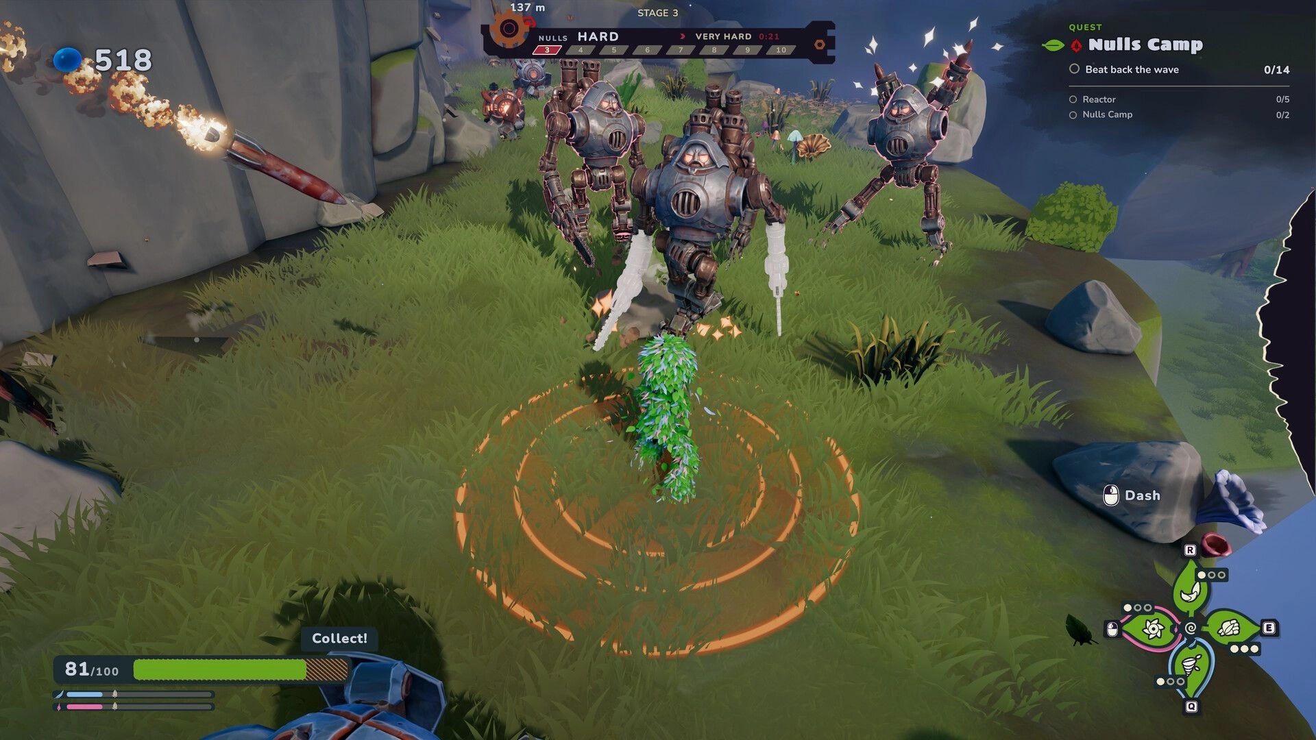 Leafborn: Leaf creature faces three Null robots on grassy cliff, Nulls Camp quest and dash UI visible.