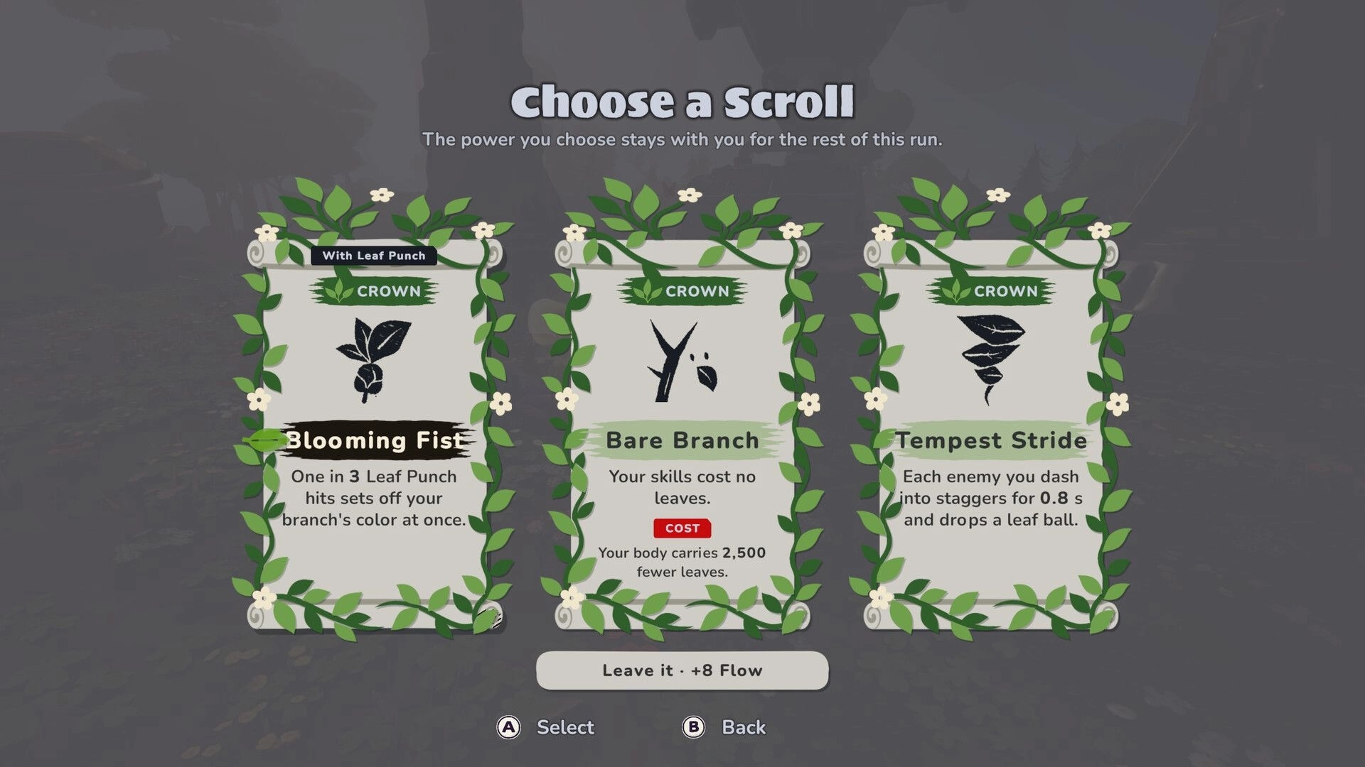 Leafborn: Choose a Scroll menu with three Crown cards, Blooming Fist, Bare Branch, Tempest Stride.