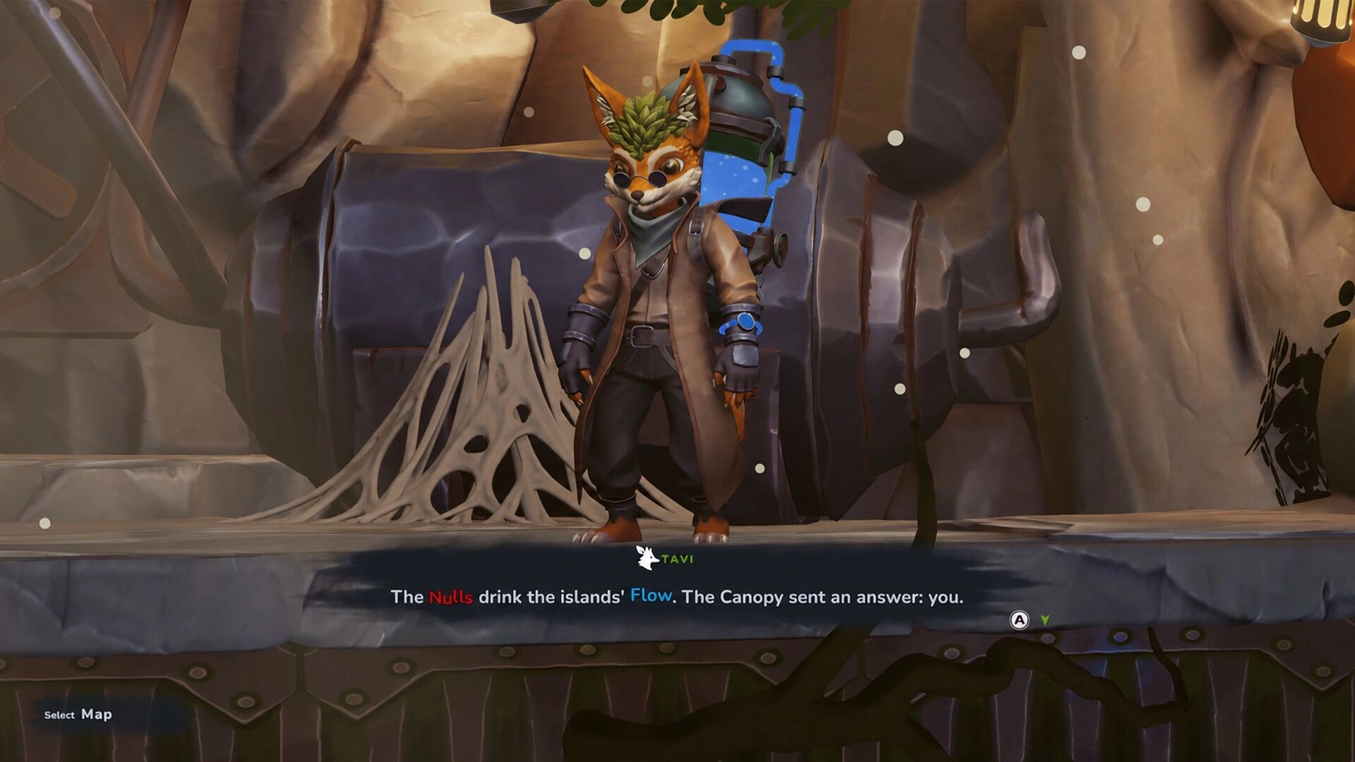 Leafborn: Fox-like explorer stands by a crashed pod as dialogue text appears in a rocky cave chamber.