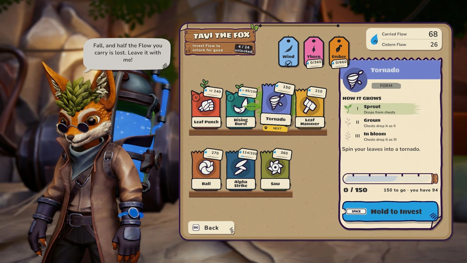 Leafborn: Ability upgrade menu with Tornado selected beside Tavi the Fox in a workshop area.