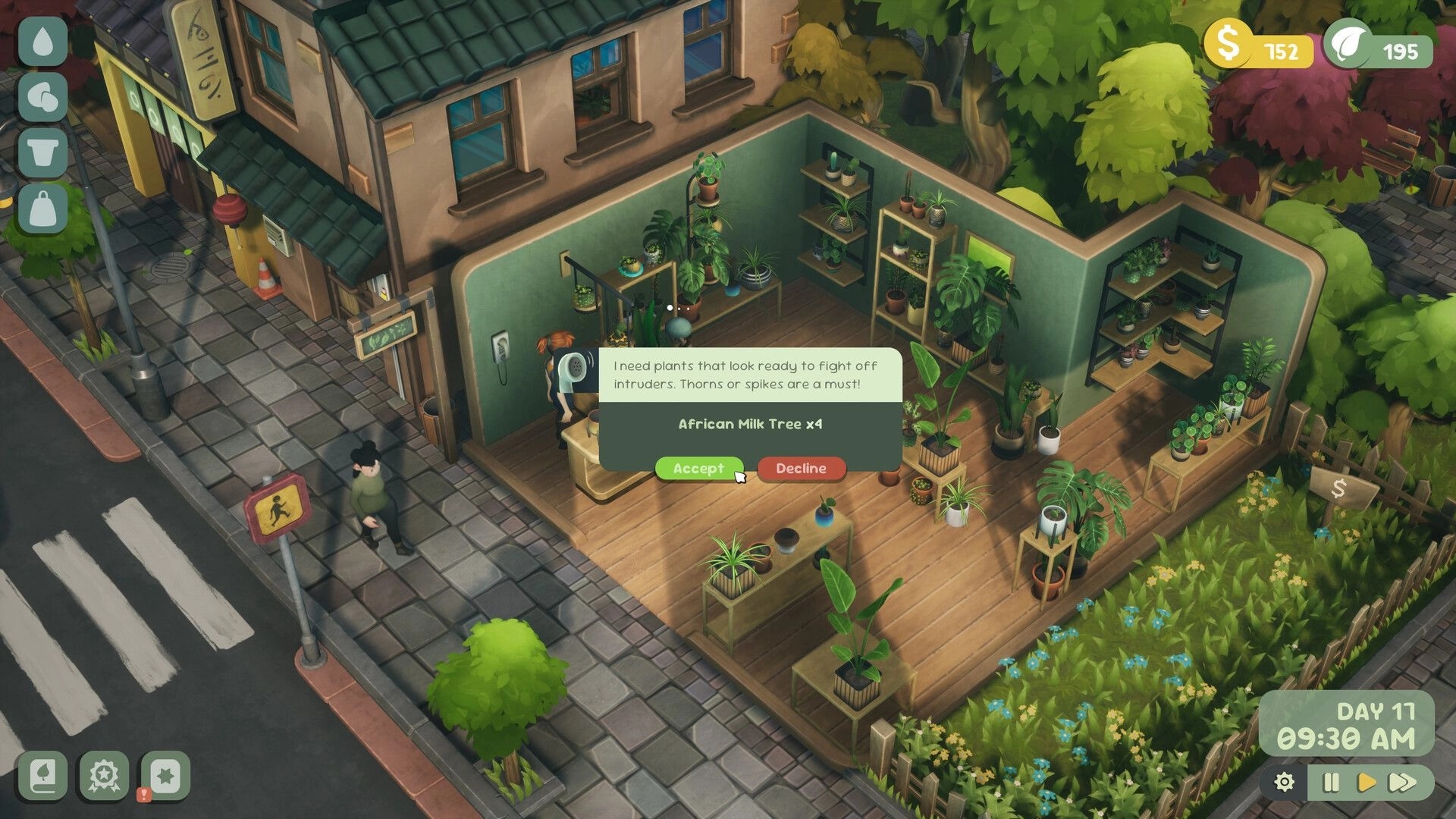 Leafy Corner: Customer request popup to accept African Milk Tree order inside cozy plant shop interior.