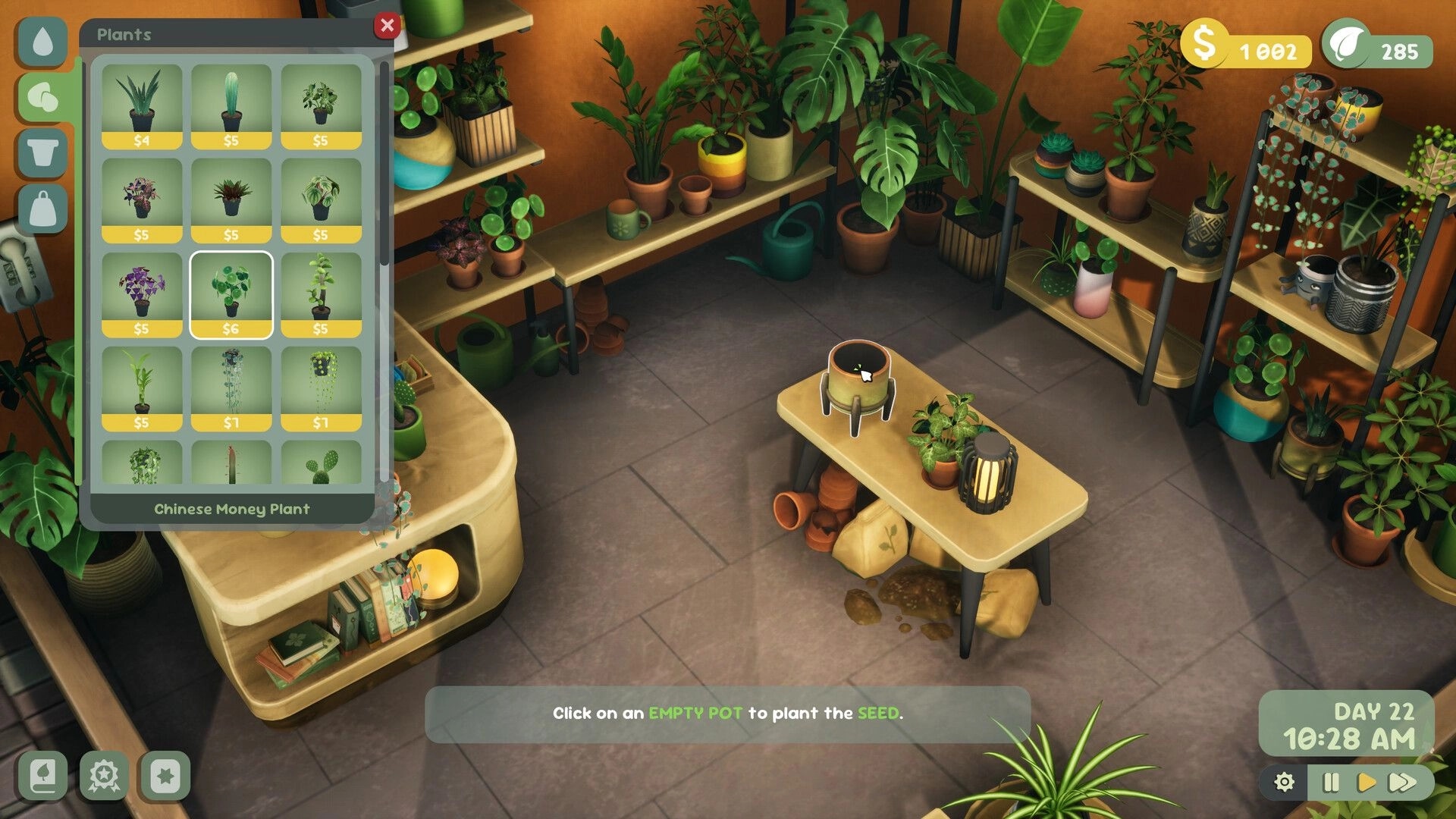 Leafy Corner: Plants shop menu open while selecting an empty pot amid shelves of potted plants.