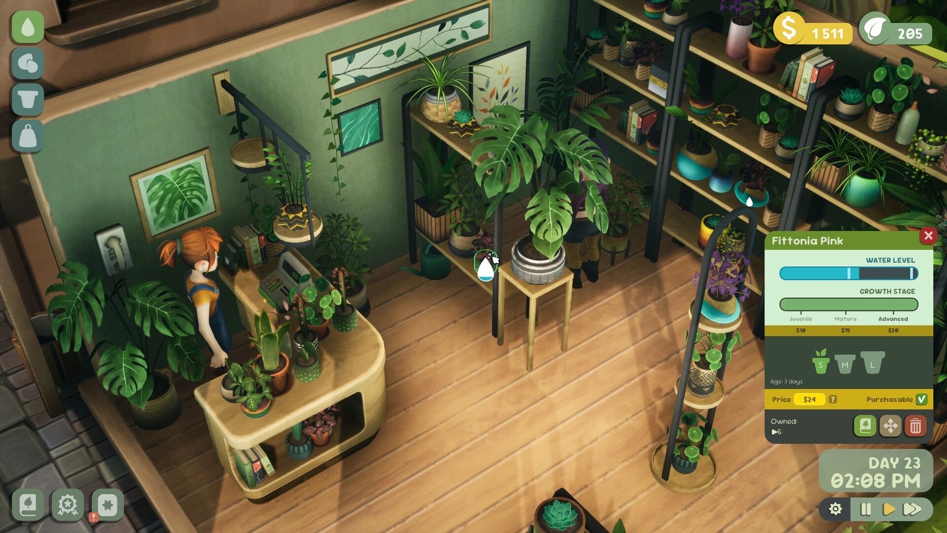 Leafy Corner: Player tends shop plants with Fittonia Pink info panel in cozy plant store interior.