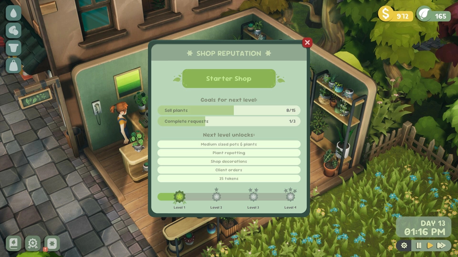 Leafy Corner: Shop reputation goals menu open over plant shelves in a cozy corner shop interior.