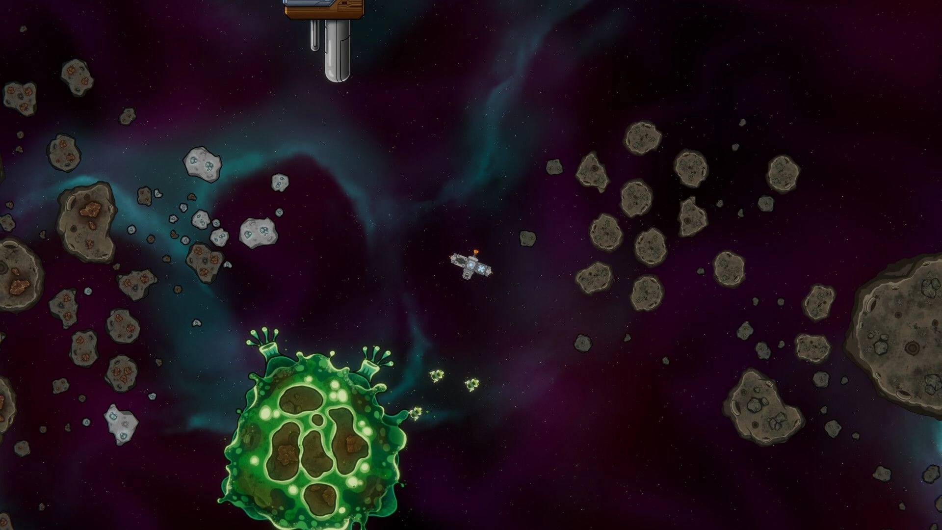 Leaks In Space: Spaceship navigates asteroid field near glowing green space anomaly in deep space.
