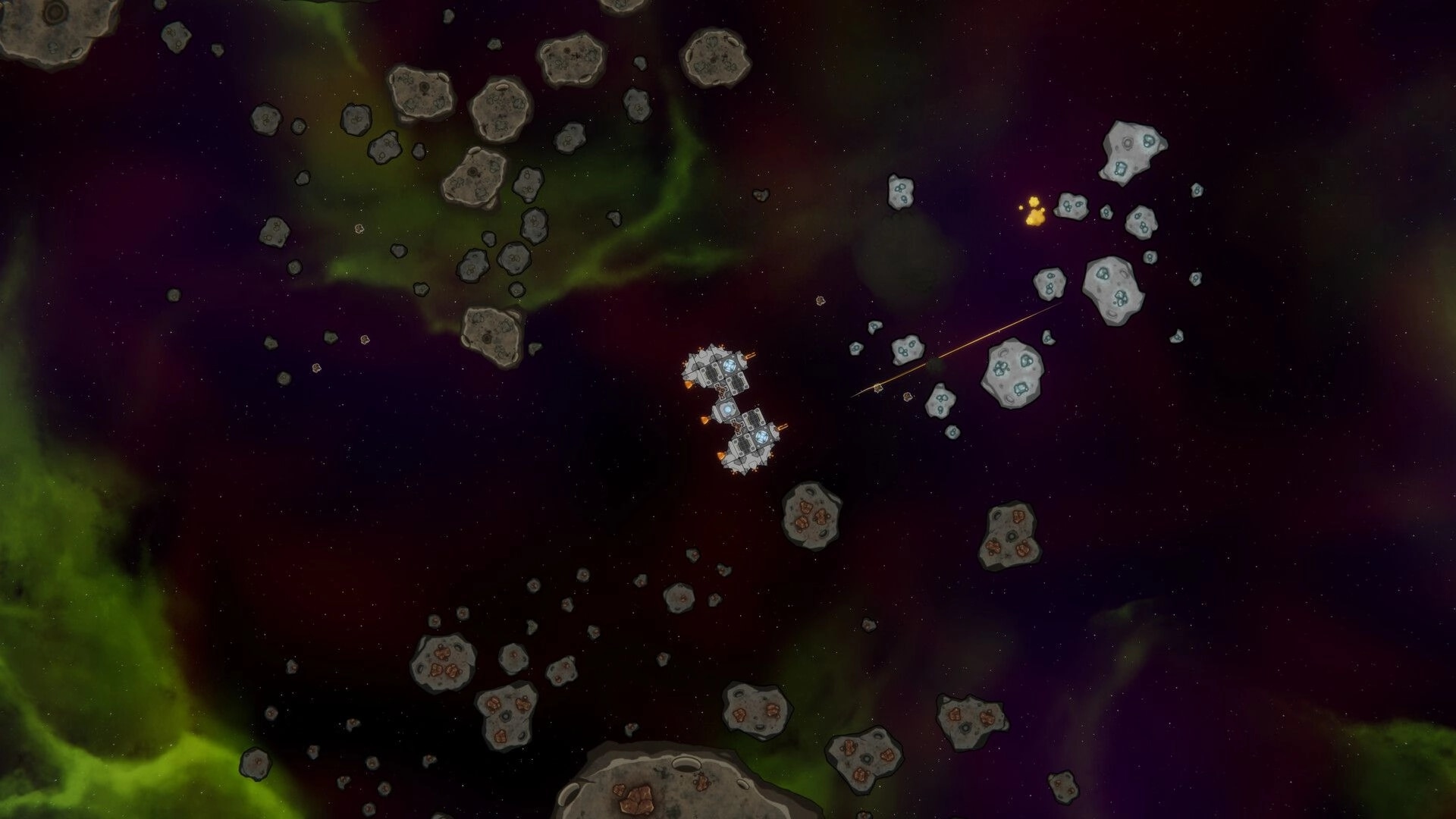 Leaks In Space: Spaceship navigating asteroid field with distant explosions in nebula-filled space