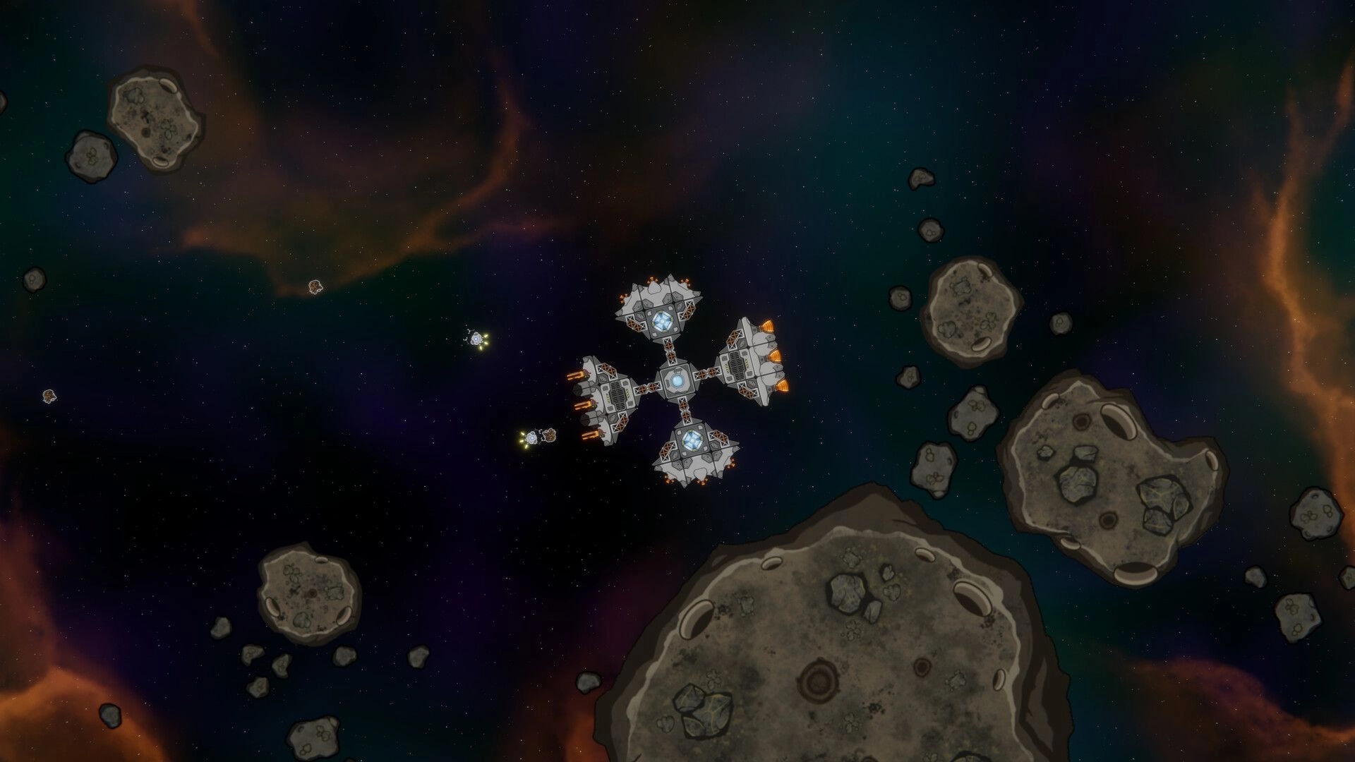 Leaks In Space: Spaceship navigating through asteroid field with surrounding colorful nebula backdrop