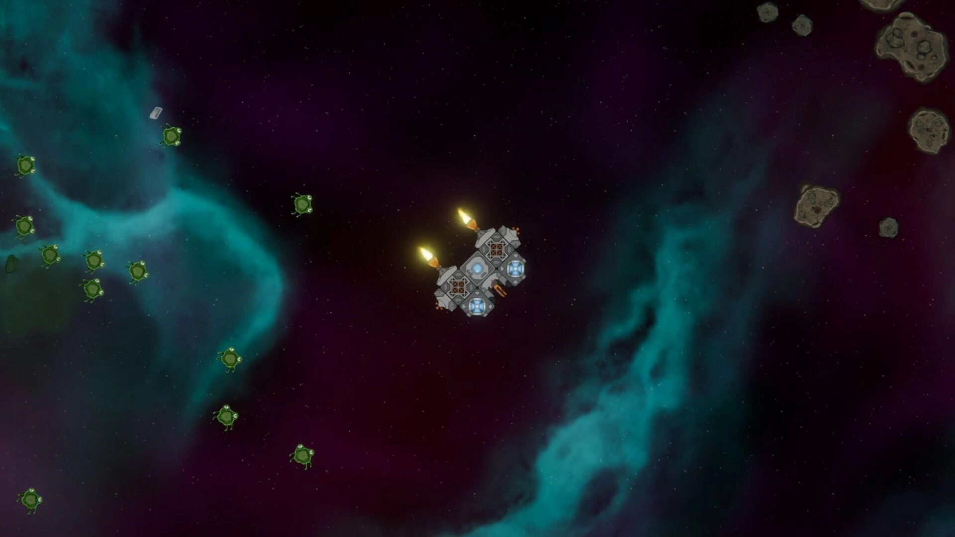 Leaks In Space: Spaceship navigating through asteroid field with glowing engines in deep space environment