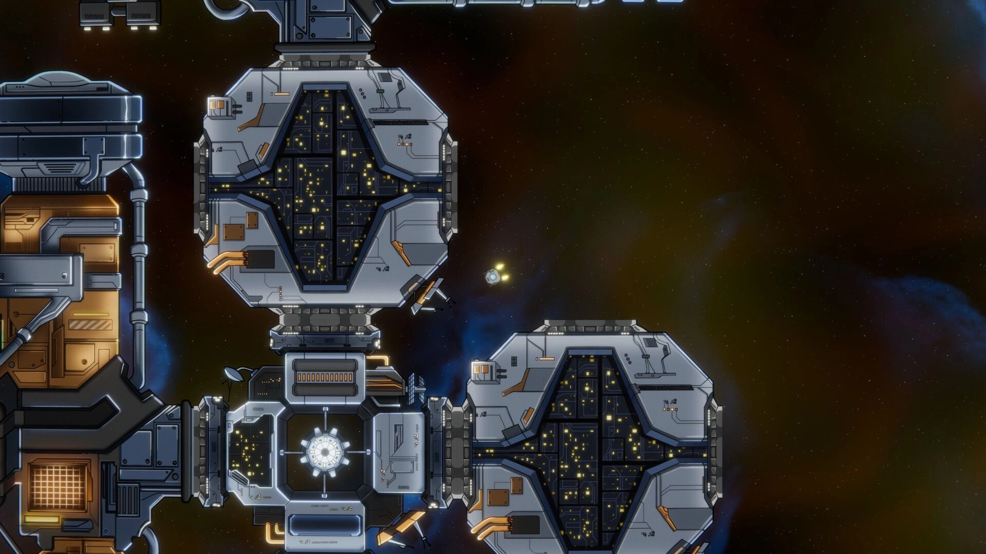 Leaks In Space: Spaceship construction interface showing modules connected in a starry space background