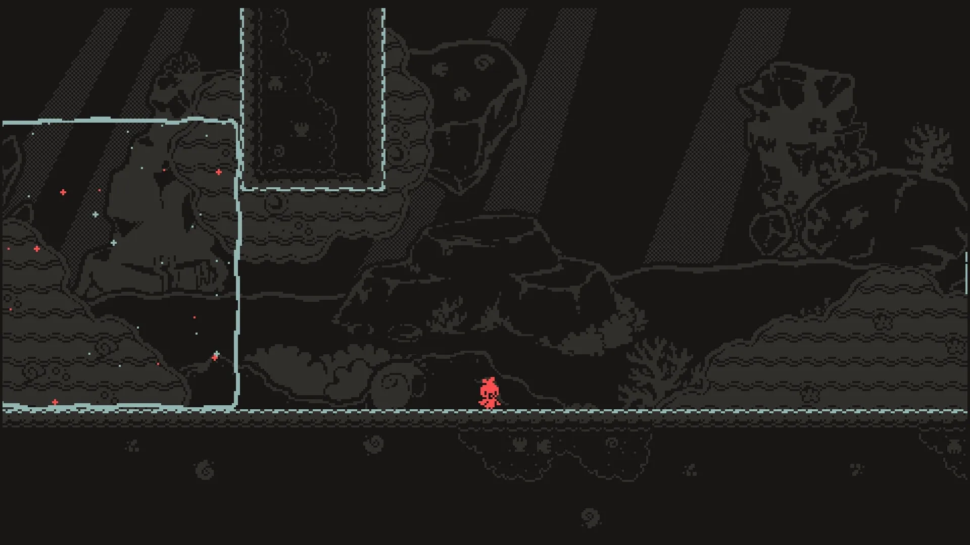 Leap Galaxy: Red character stands on a platform in a dark cave environment with glowing stars around
