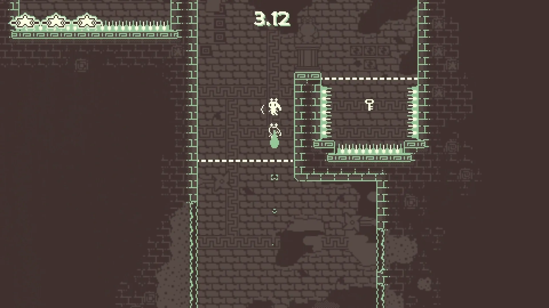 Leap Galaxy: Character jumping in a dungeon platformer, aiming for a key with spikes below and timer above