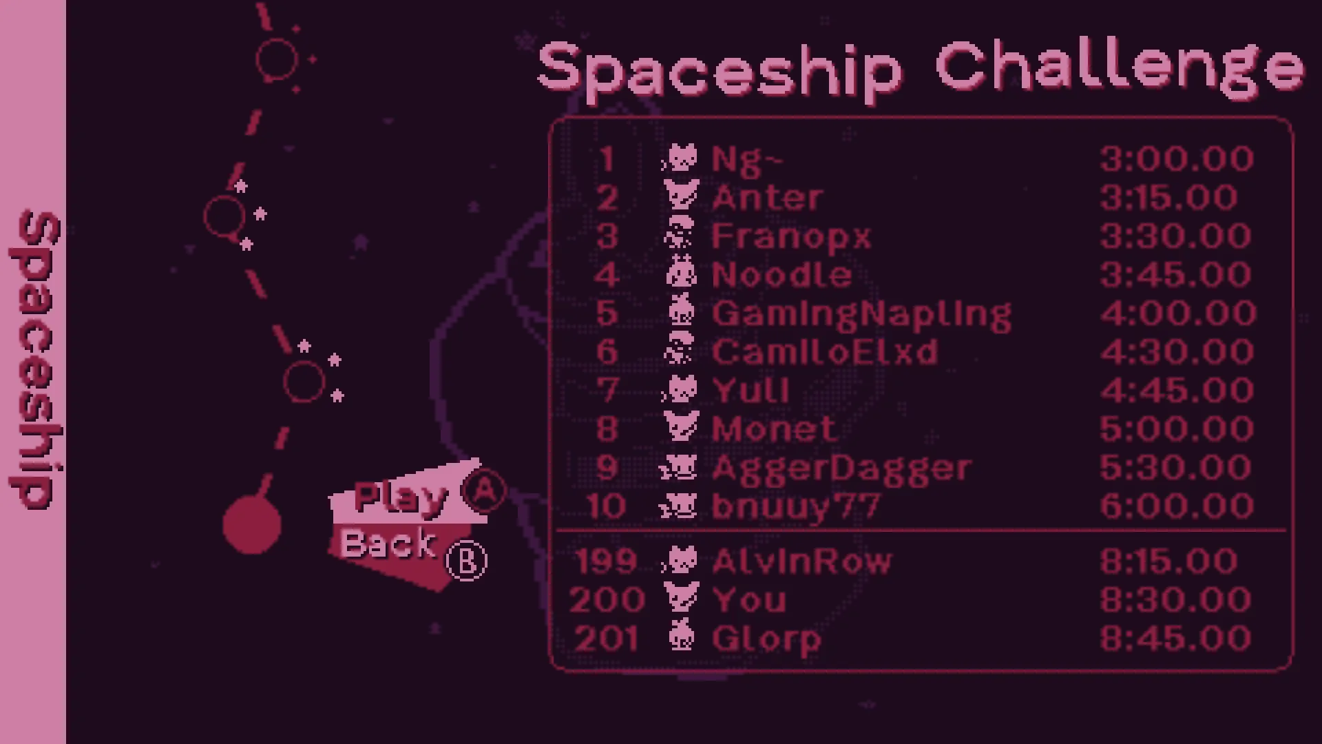 Leap Galaxy: Spaceship Challenge leaderboard with player rankings and play, back buttons highlighted
