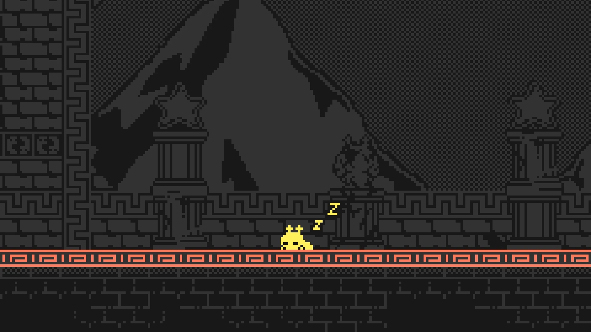Leap Galaxy: Yellow character sleeping on ornate platform in front of dark mountain backdrop