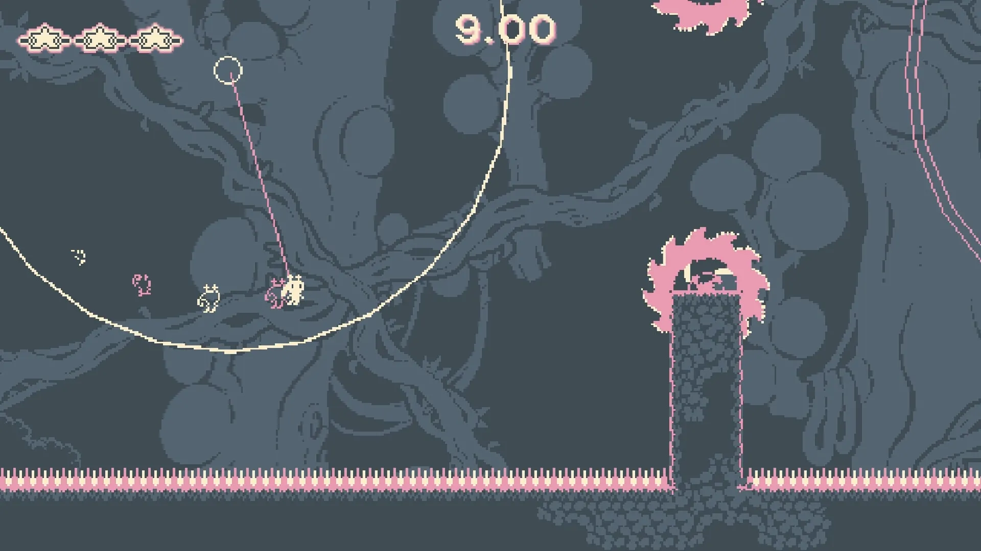 Leap Galaxy: Player swings through forest with grappling line over spikes, timer shows 9.00 seconds