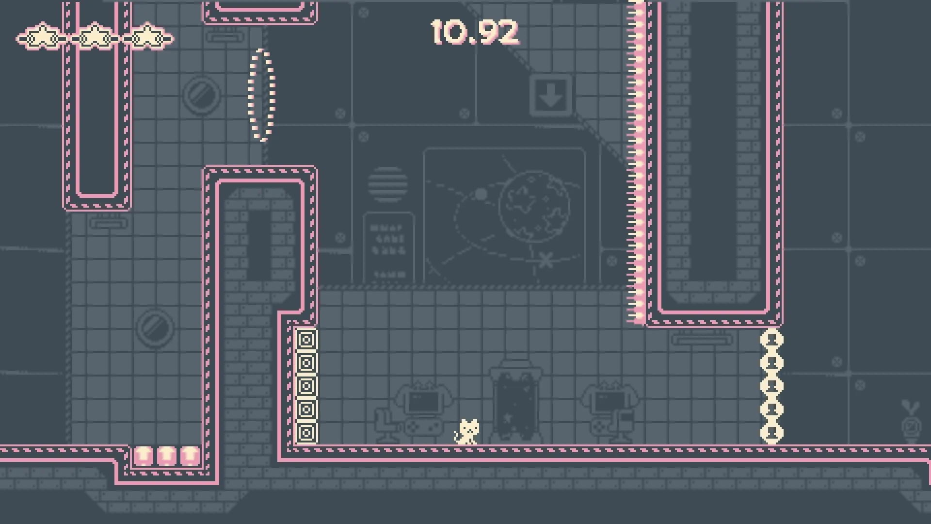 Leap Galaxy: Cat character navigating spiked platforms in a grey, grid-patterned space station level