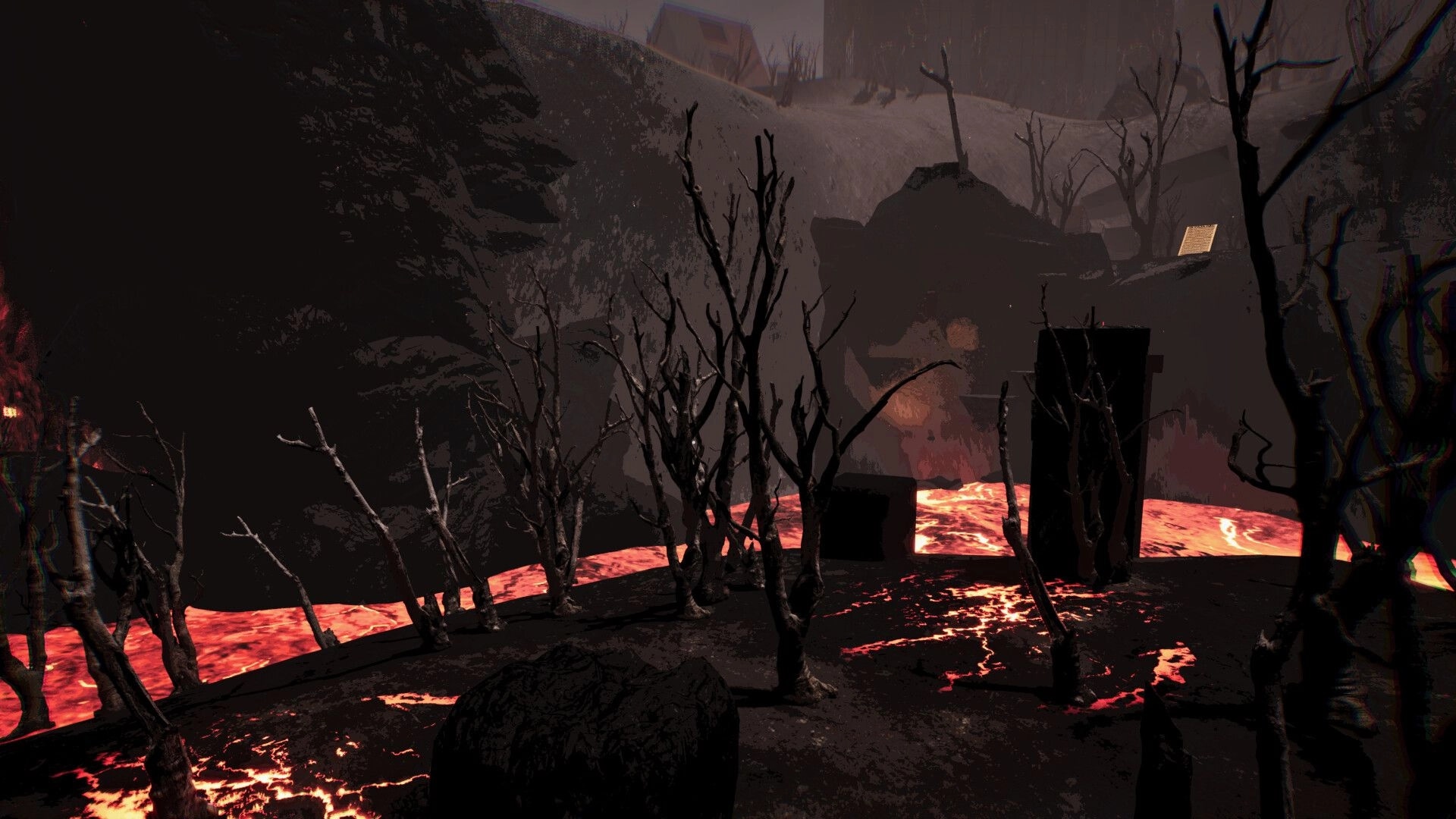 Leap of Sins: Navigating charred trees and fiery lava rivers in a desolate, nightmarish hellscape.