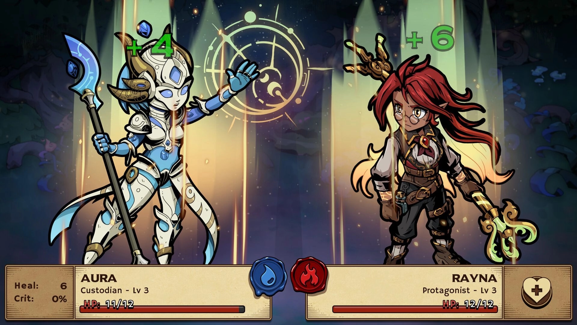 Ledgerbound: Aura and Rayna engage in a magical duel in a mystical forest setting with health stats shown.