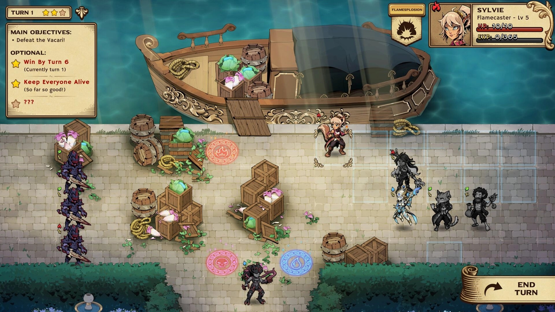 Ledgerbound: Sylvie battles enemies on a dock near a ship with objectives and turn-based grid visible.