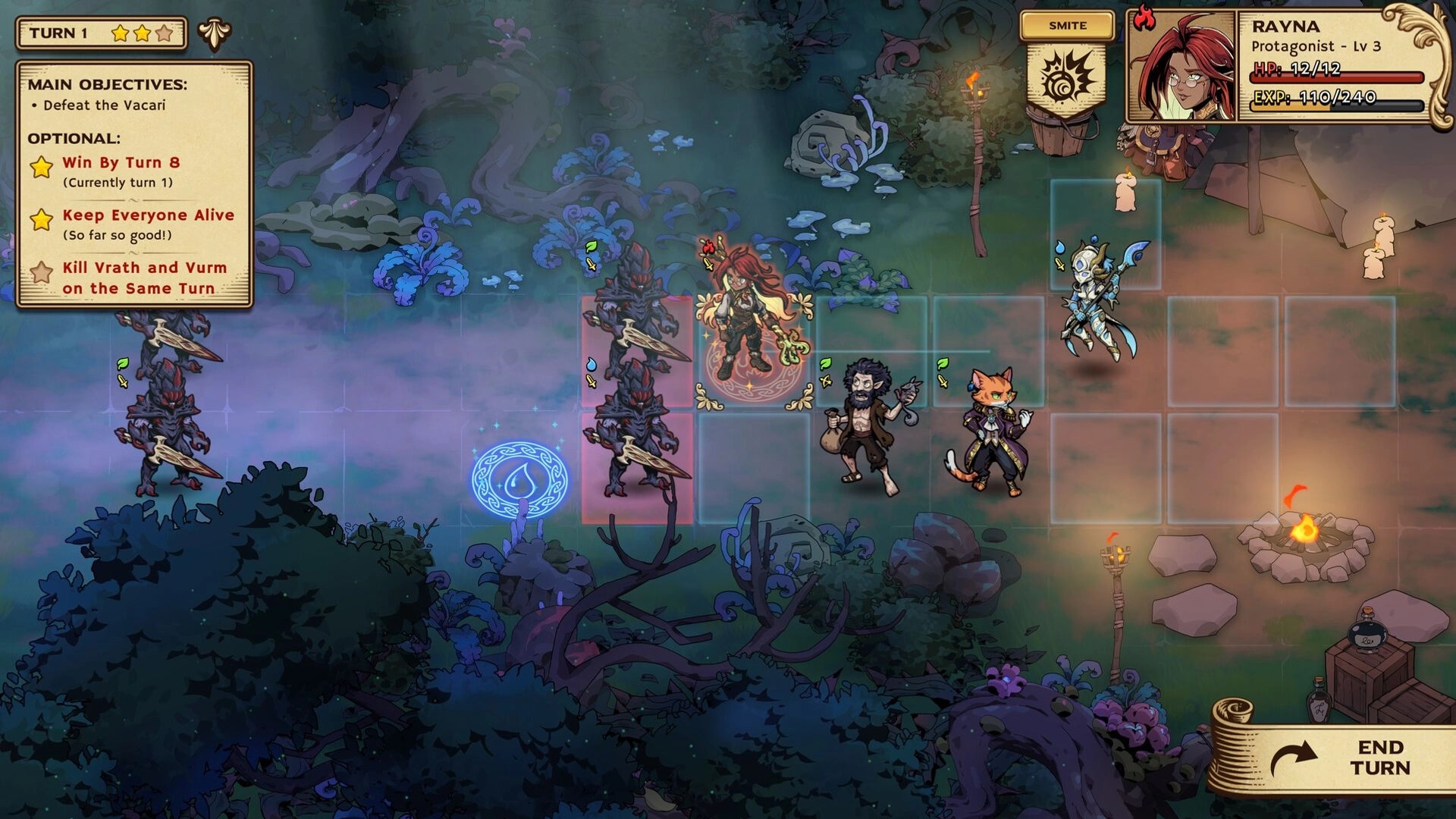 Ledgerbound: Rayna leads allies against Vacari in forest grid with objectives and health UI visible