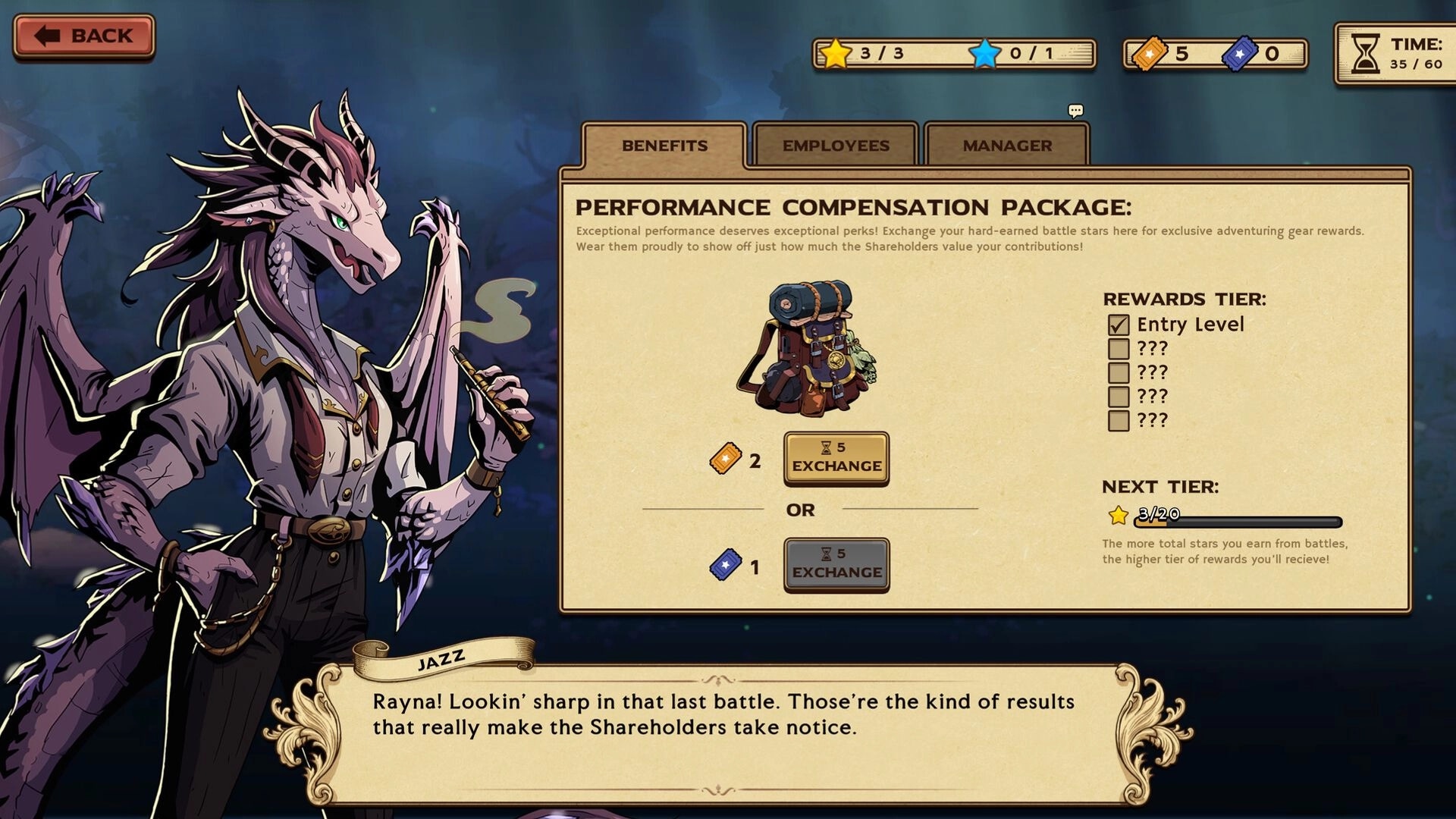 Ledgerbound: Jazz offers rewards exchange in performance compensation menu with fantasy backdrop