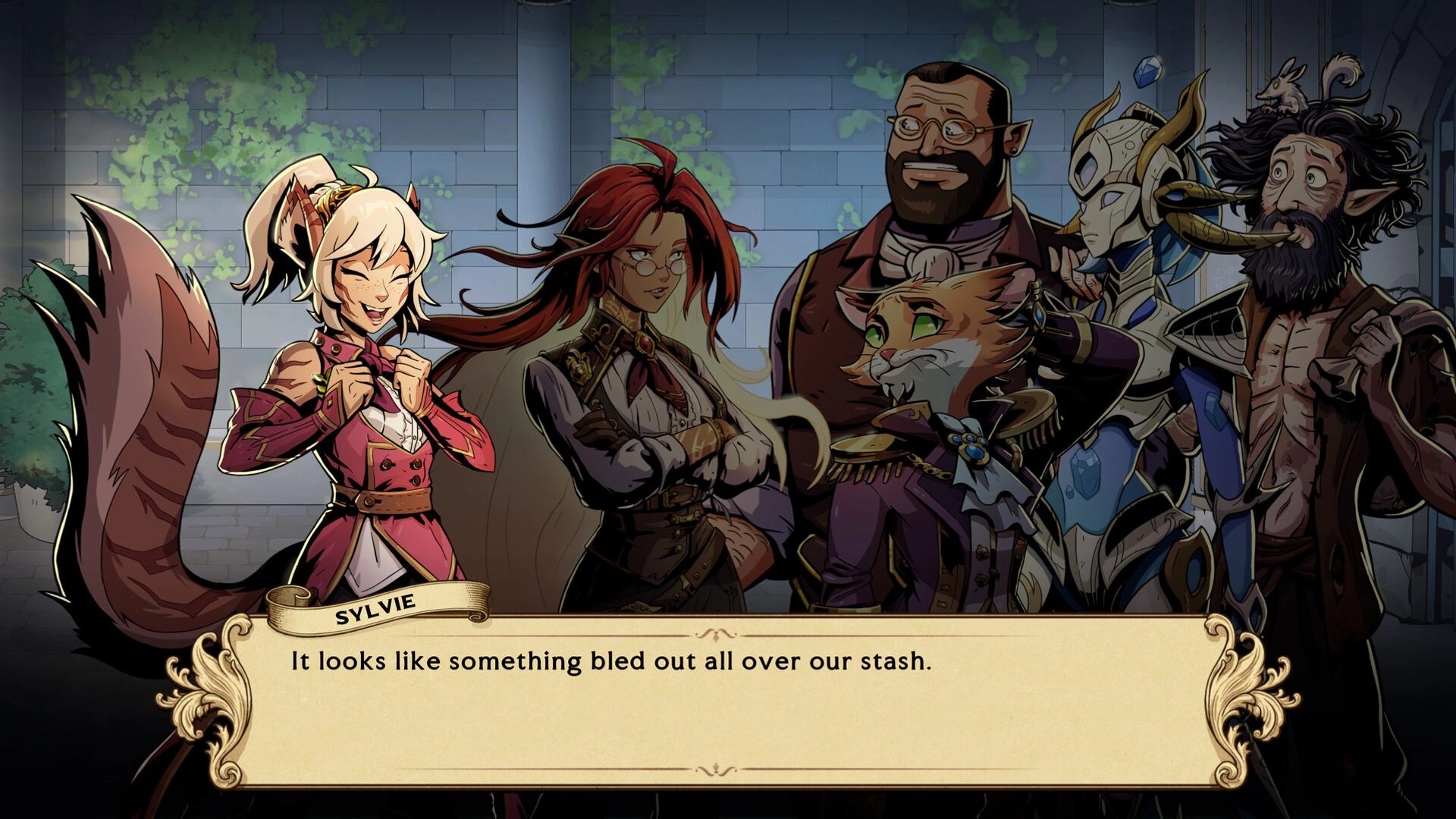 Ledgerbound: Sylvie and group discussing a mishap in a stone courtyard with plants growing on walls