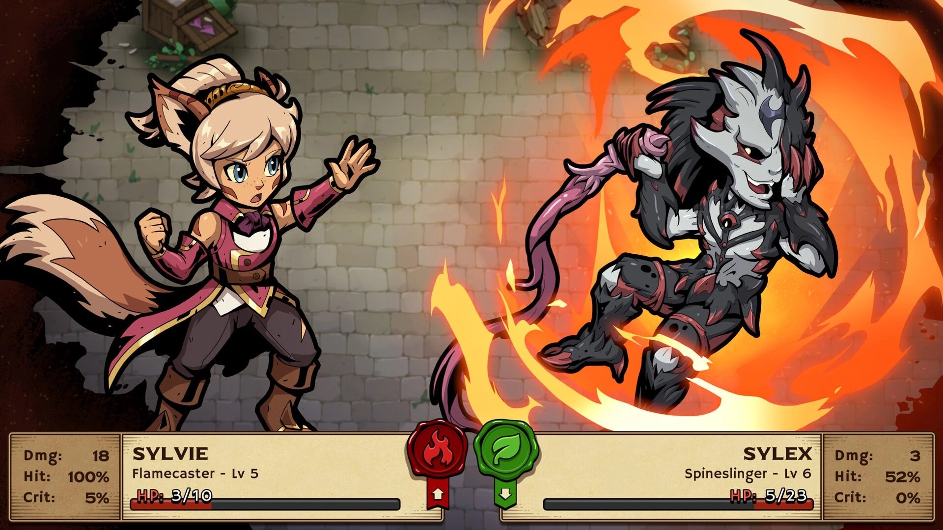 Ledgerbound: Sylvie battling Sylex in fiery combat with health and stats displayed on cobblestone arena