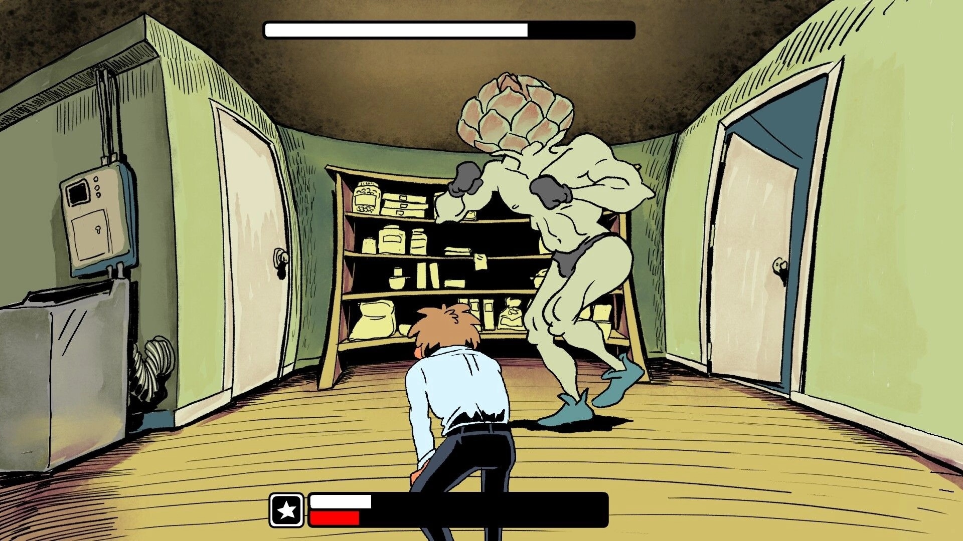 Leftovers KO!: Player facing off against a giant artichoke enemy in a kitchen pantry setting