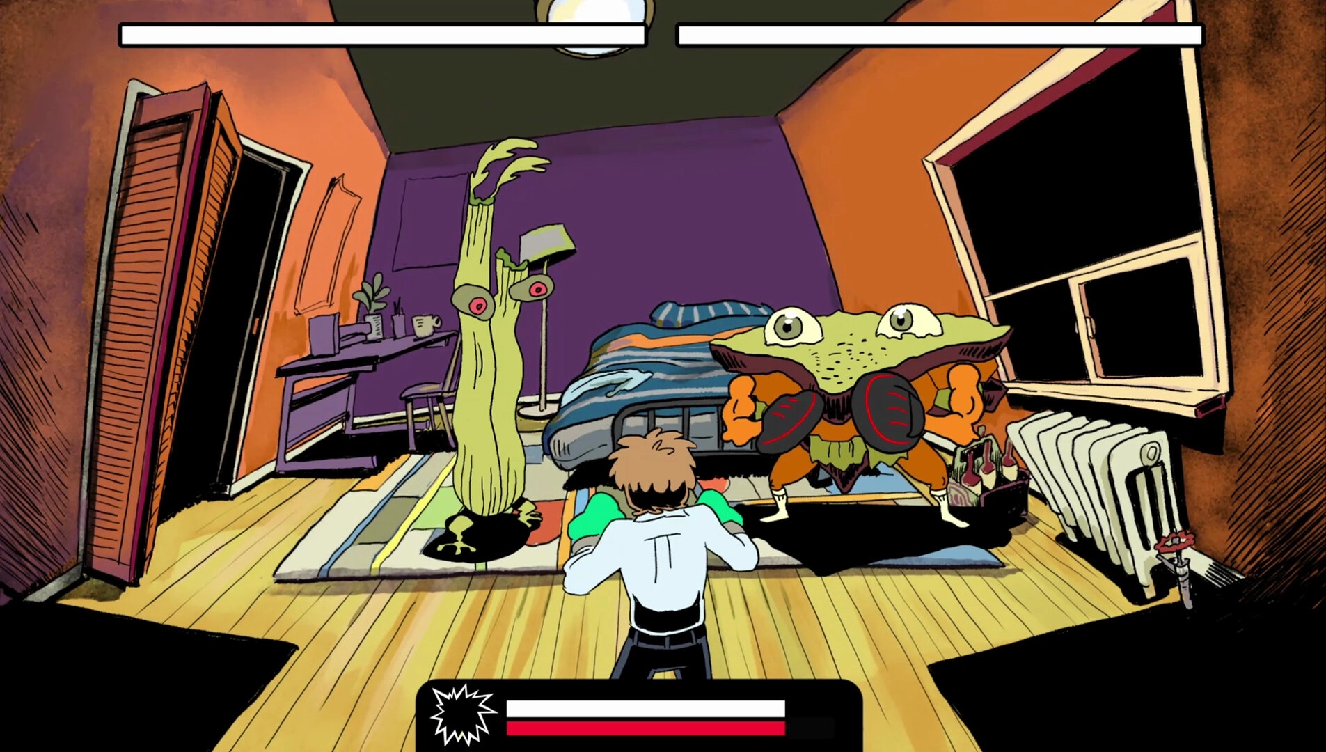Leftovers KO!: Player fights animated leftovers in a colorful bedroom, with health bars above characters.