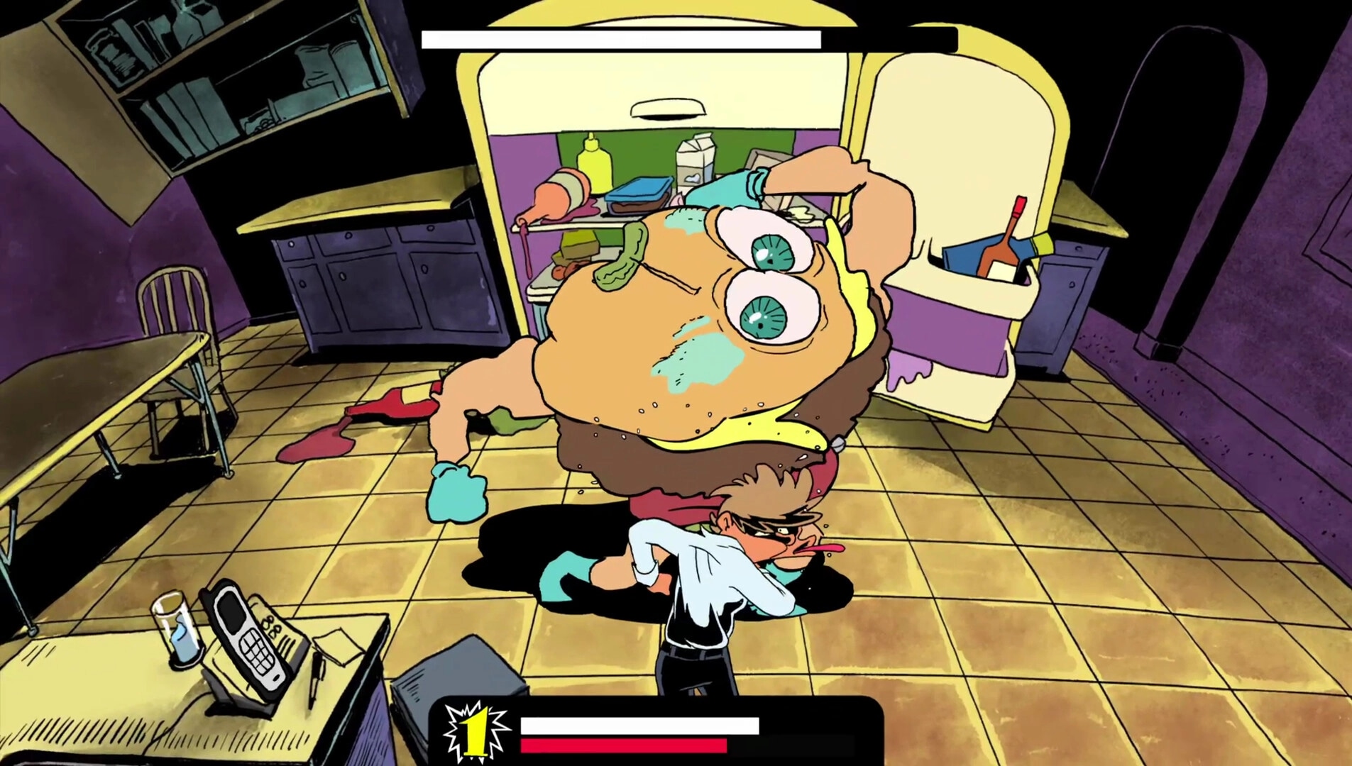 Leftovers KO!: Player boxing giant sandwich enemy in a colorful kitchen environment with health bars.