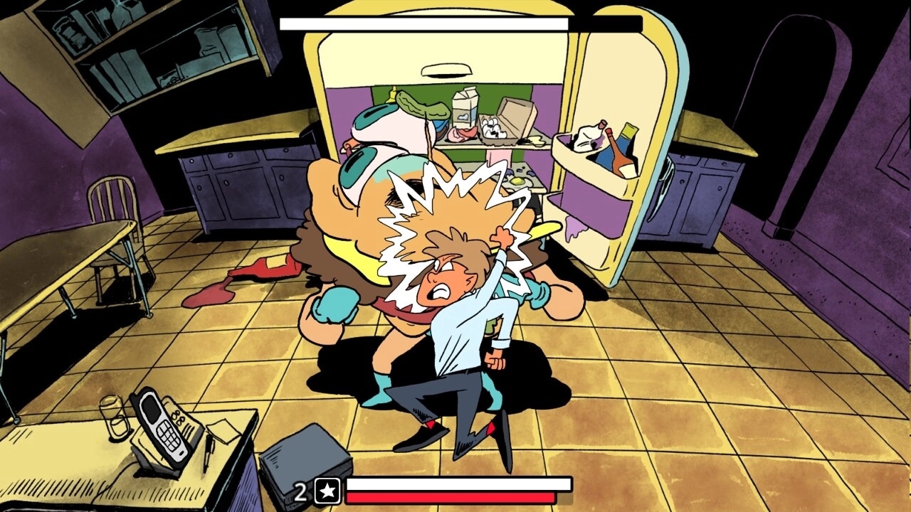 Leftovers KO!: Player punches animated food enemy in an open fridge setting with UI health bar visible.