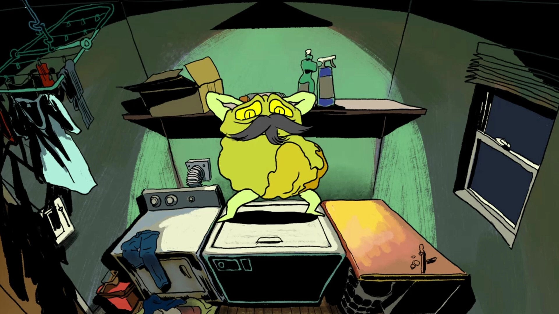 Leftovers KO!: Mustachioed cabbage character confronts player in cluttered laundry room setting