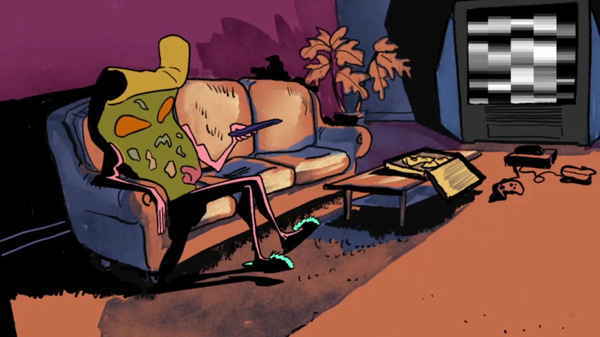 Leftovers KO!: Living room scene with pizza slice character watching TV, game console on the floor