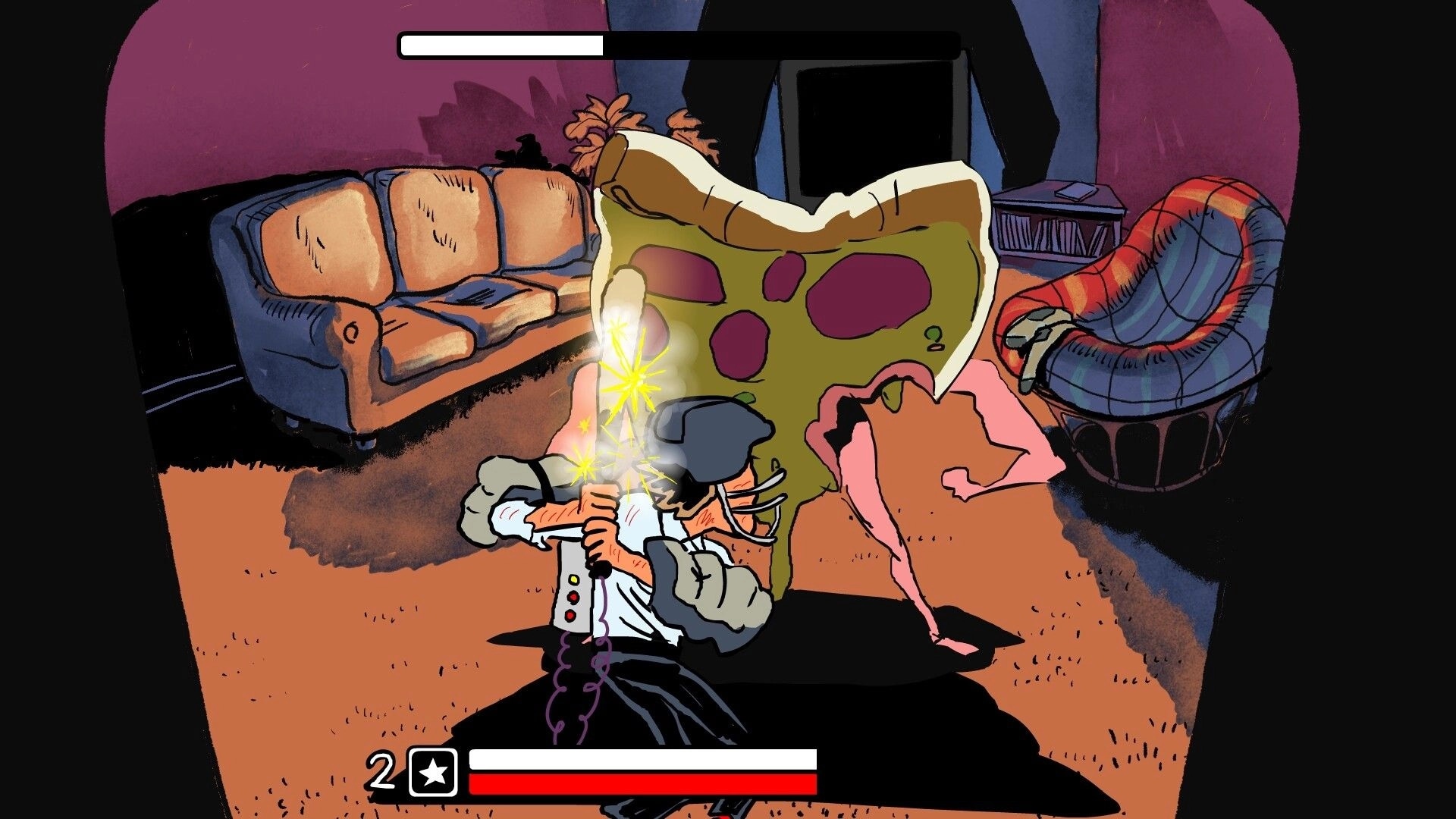 Leftovers KO!: Player fights large pizza slice enemy in a living room with health bars displayed