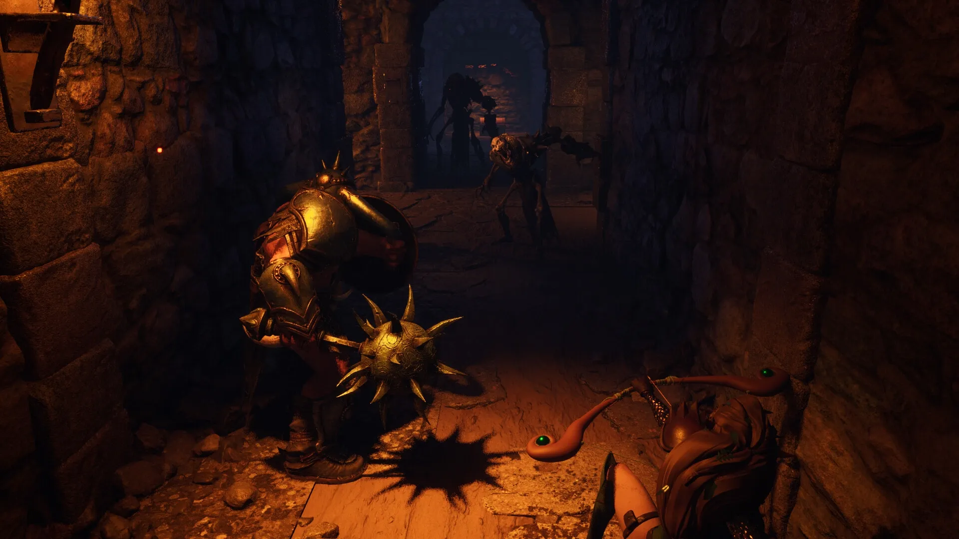 Legacy: Warrior with spiked mace faces monsters in a dimly lit stone dungeon corridor