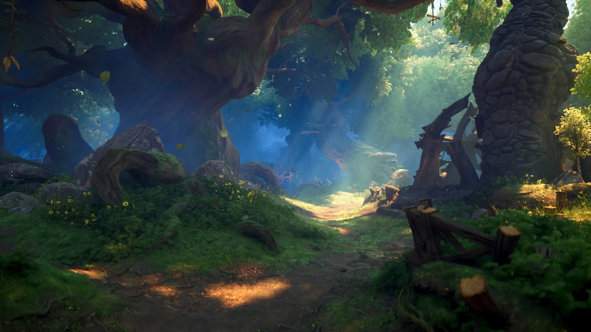 Legacy: Sunlit forest path with ancient trees and ruins, dappled light filtering through leaves